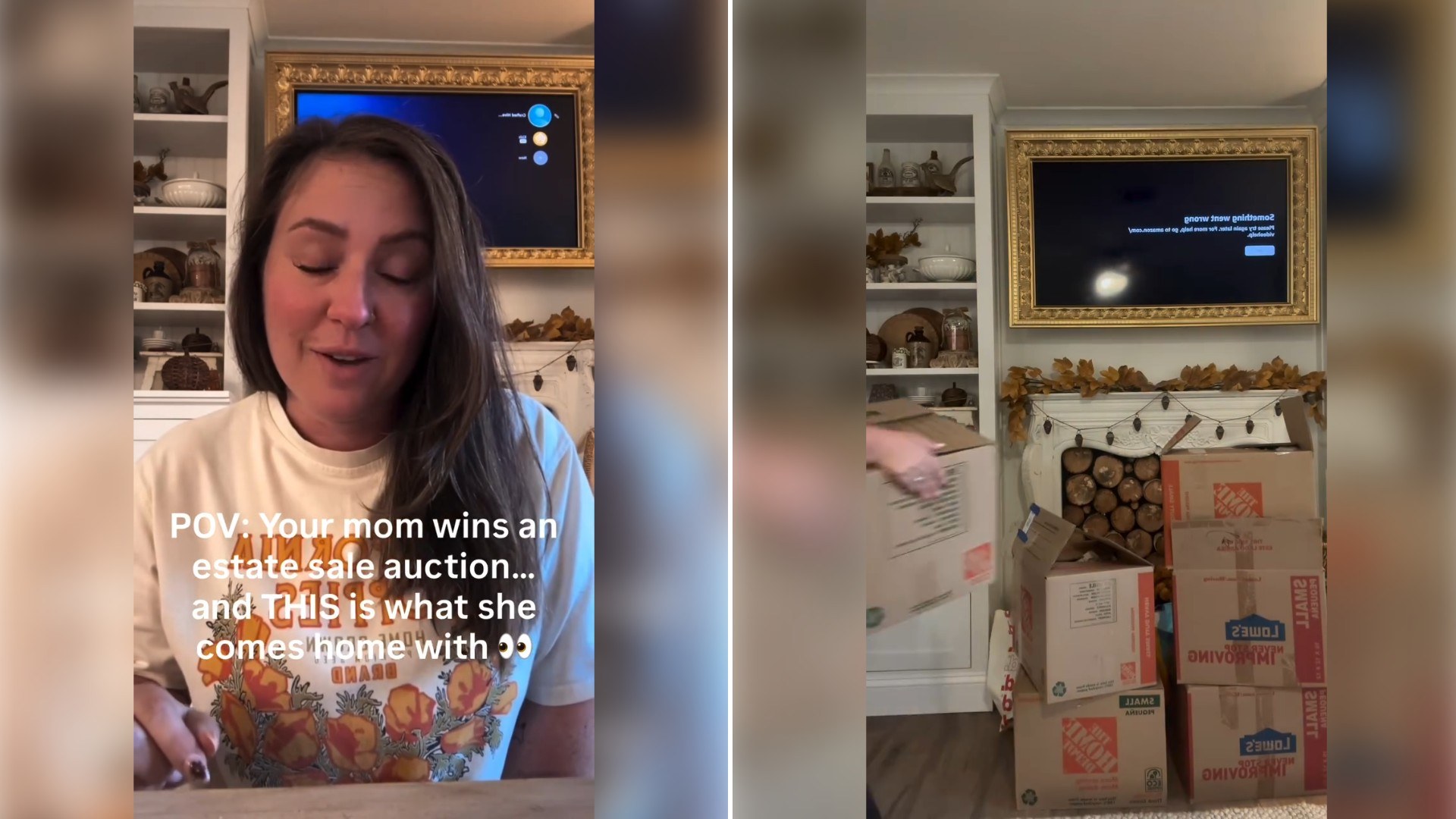 Two moments from an Instagram reel: a woman talking to camera and boxes stacked in a living room.