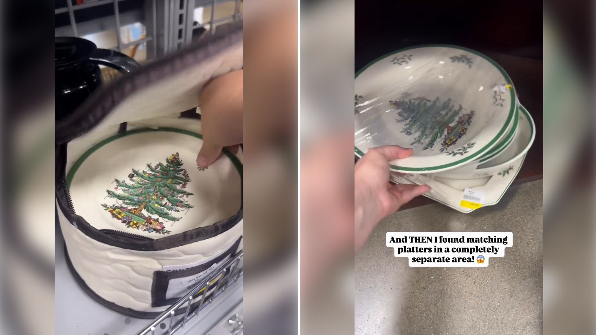 Two moments from an Instagram reel: a Christmas tree pattern dish and a jar of stacked plates.