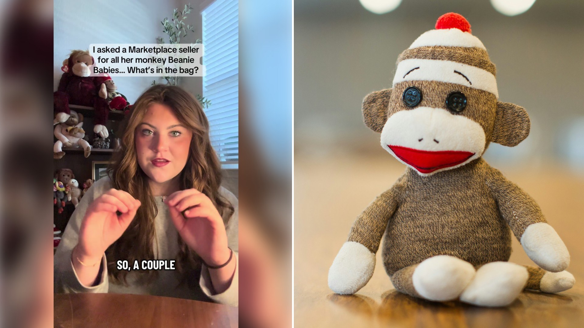 Left: TikTok still of a woman talking to camera with a text caption. Right: a sock monkey plush toy (Unsplash photo by Denisse Leon).