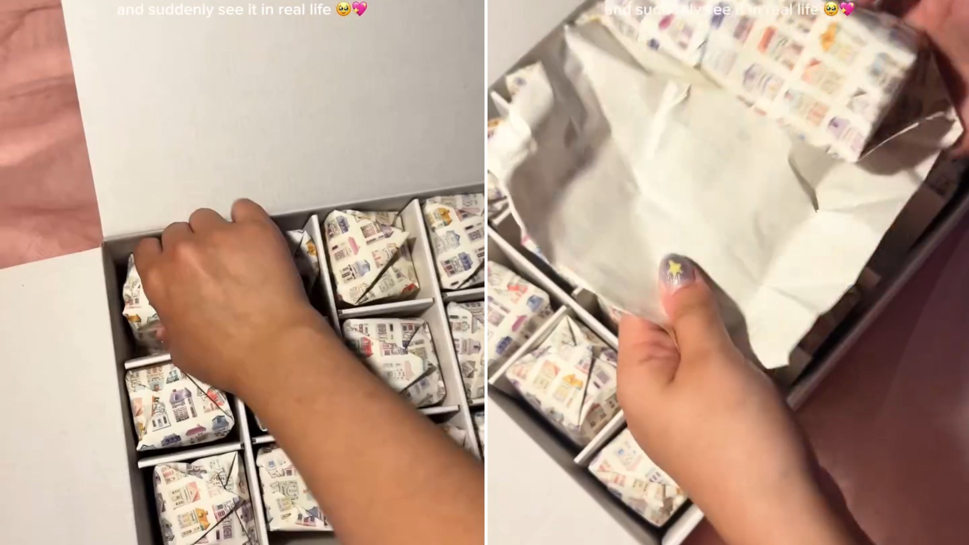 Two moments from an Instagram reel: hands sorting through vintage cards and paper finds.