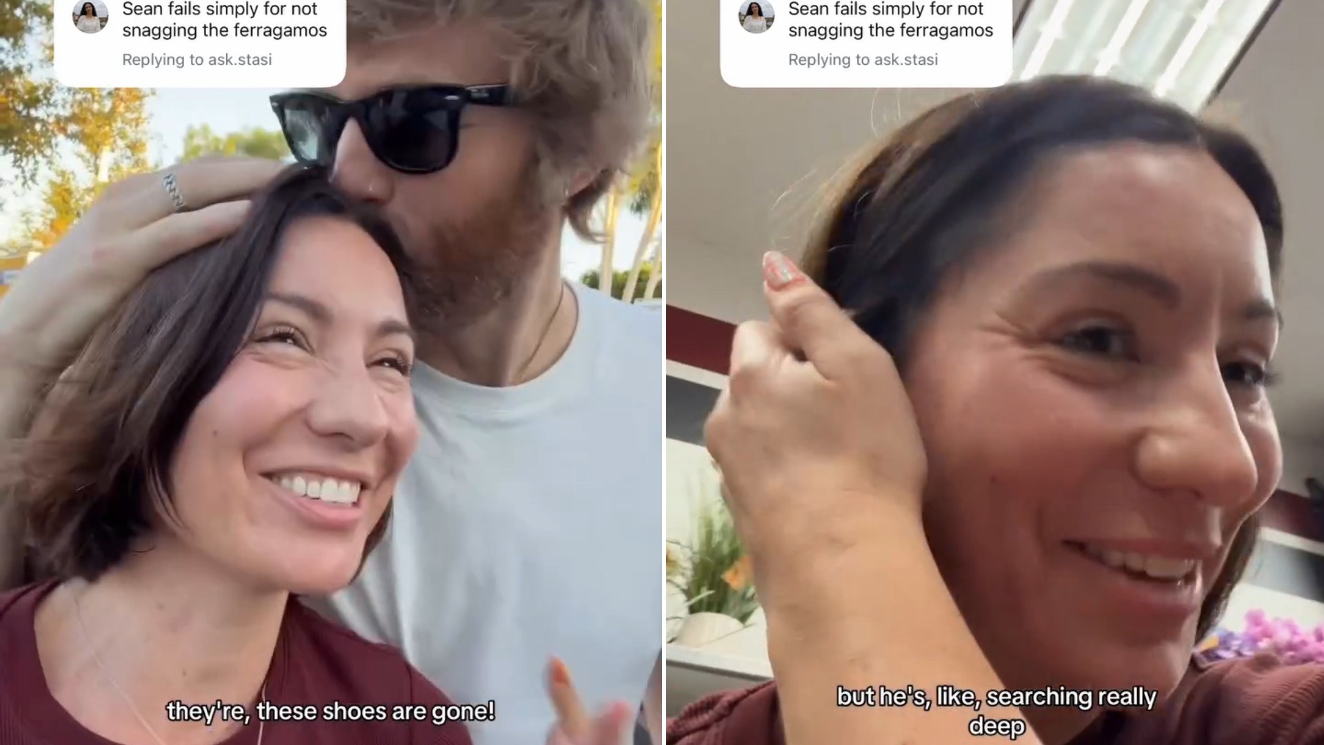 Two moments from an Instagram reel: a thrift store shopper and a friend browsing shelves.