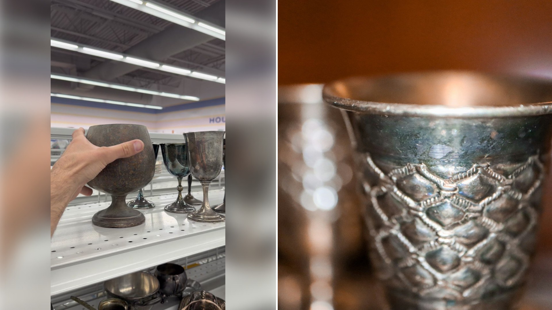Left: TikTok still of dark goblets on a store shelf. Right: a tarnished silver bowl on a wooden table (Unsplash photo by Levi Grossbaum).