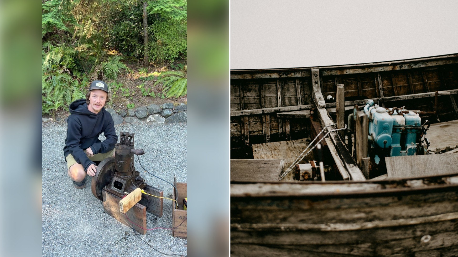 Left: TikTok still of a man crouching next to an engine part outdoors. Right: an old wooden boat hull (Unsplash photo by Annie Spratt).