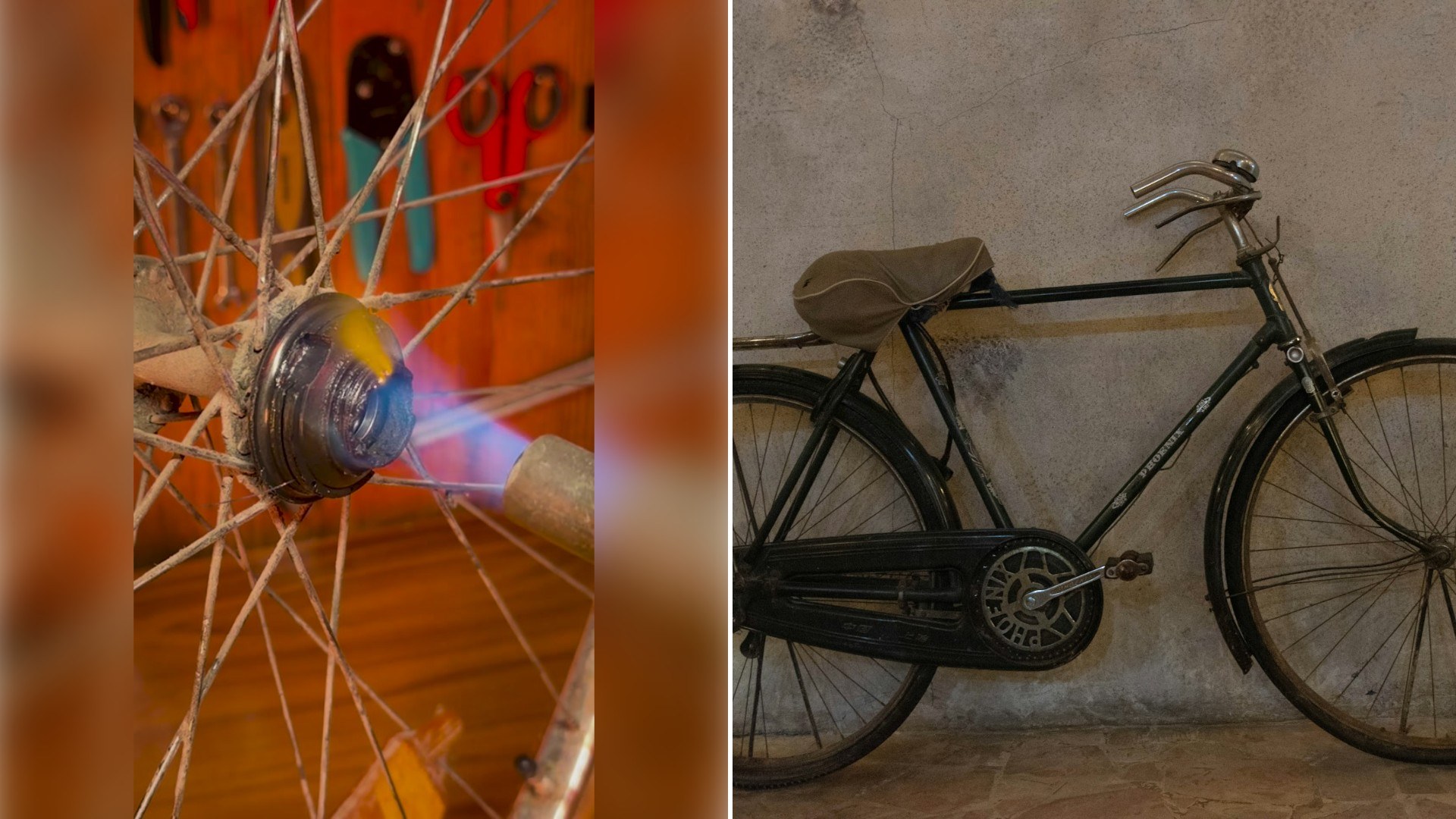 Left: TikTok still of a bicycle wheel with colorful spokes. Right: a vintage bicycle (Unsplash photo by yasara hansani).