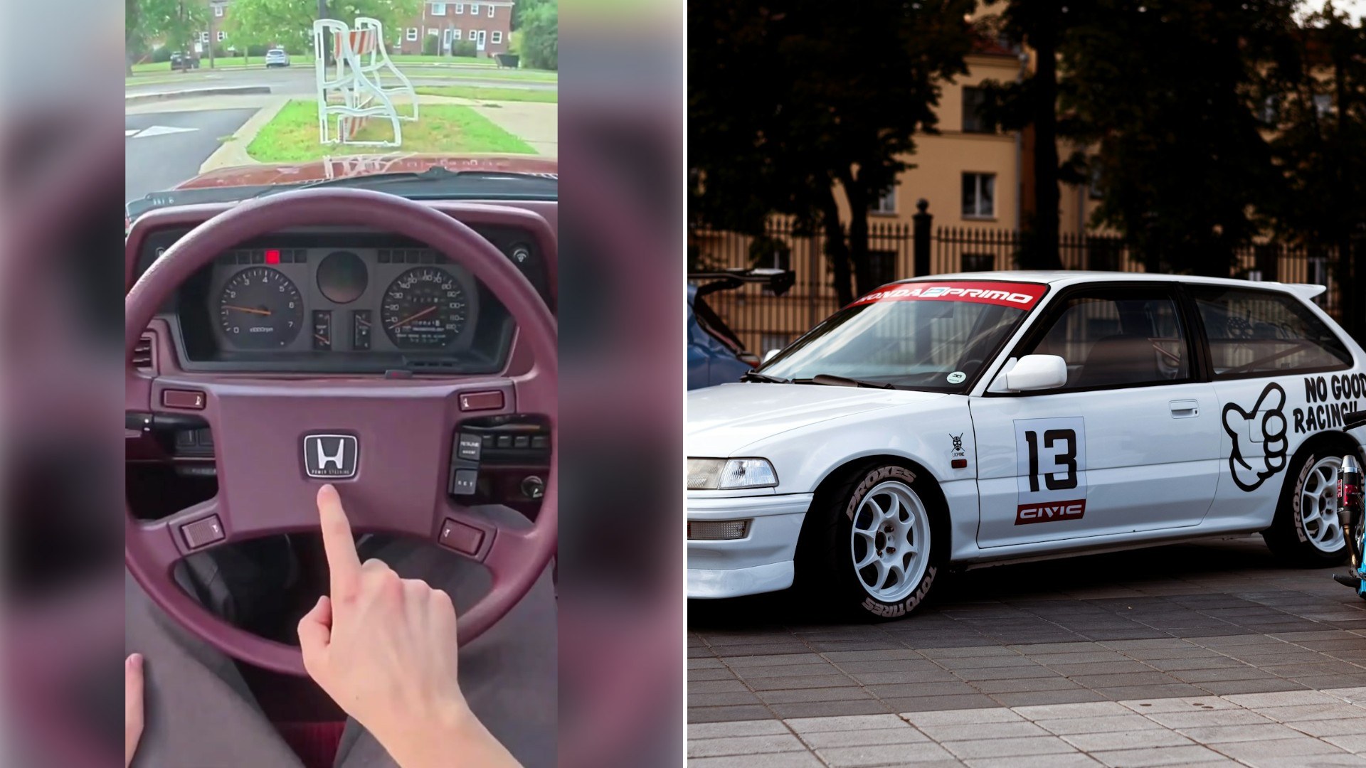 Left: TikTok still of a hand pointing at a car steering wheel. Right: a white Honda car (Unsplash photo by Vitali Adutskevich).