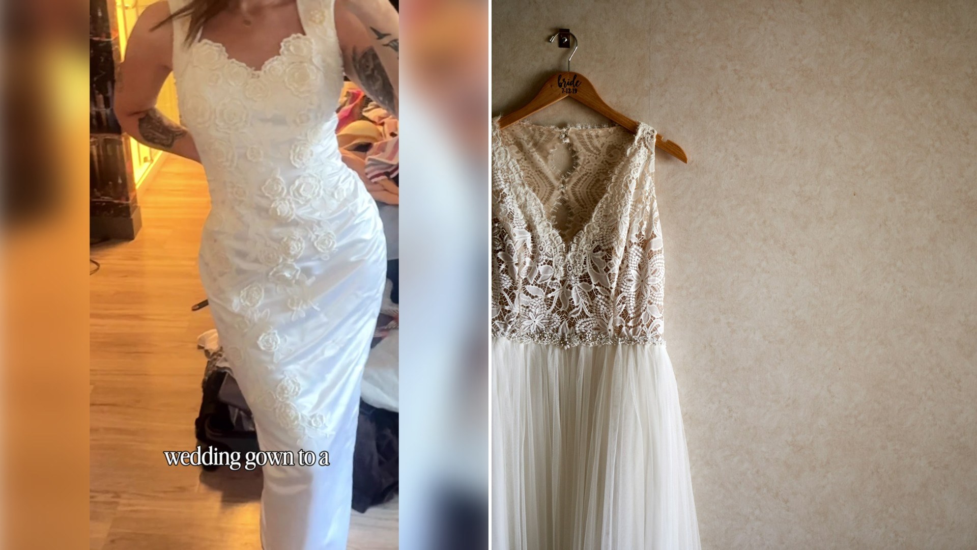 Left: TikTok still of a woman in a white wedding dress. Right: a wedding dress on a hanger (Unsplash photo by Cate Bligh).