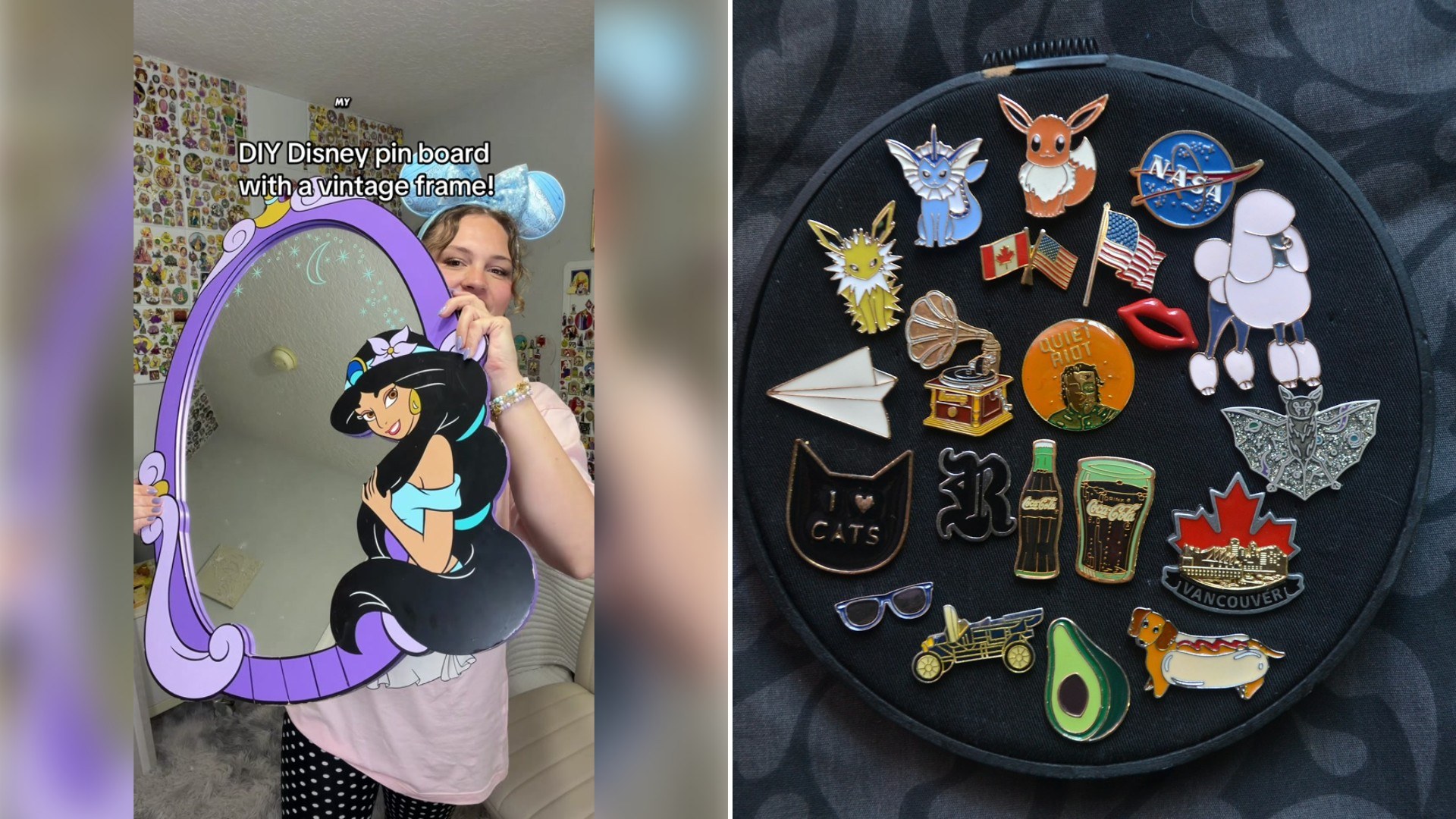 Left: TikTok still of a person holding up a purple ring with an enamel pin. Right: a collection of enamel pins (Unsplash photo by Cristina Hernández).