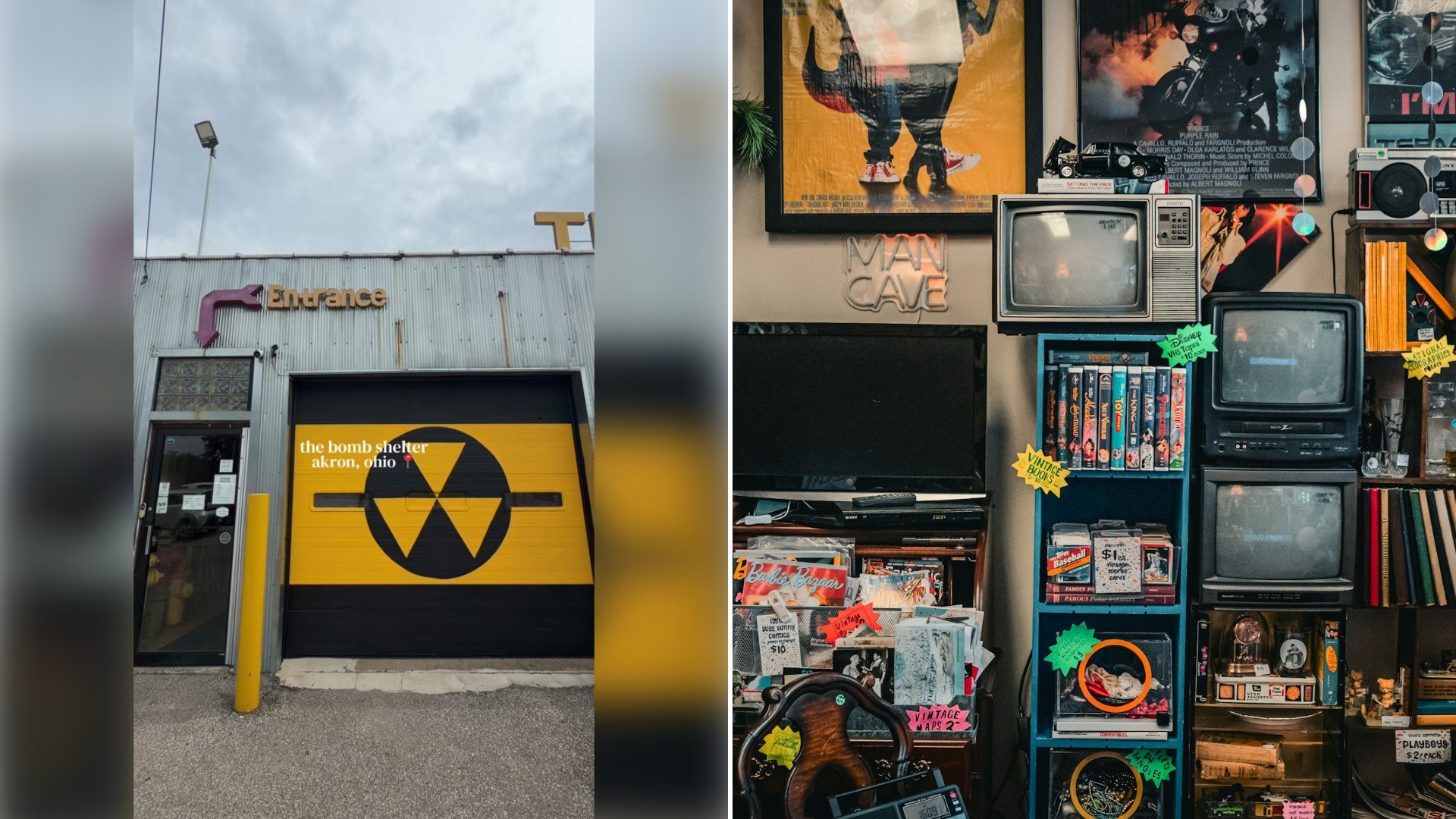 Left: TikTok still of a fallout shelter sign on a building wall. Right: a shelf of second-hand items (Unsplash photo by Joss Broward).