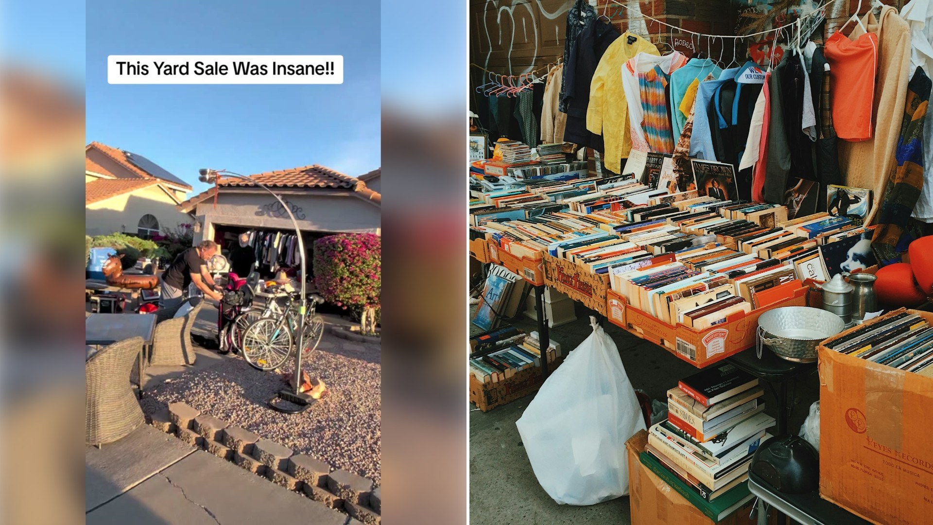 Left: TikTok still of a yard sale scene with a house behind it. Right: books laid out on a table (Unsplash photo by Jon Tyson).