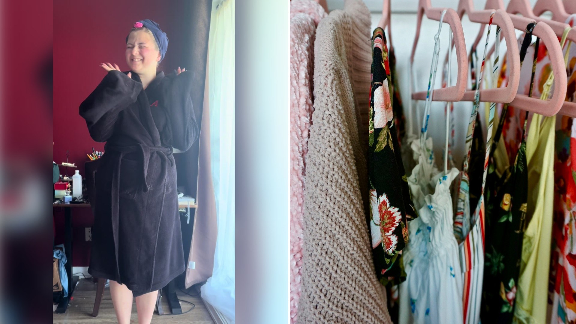 Left: TikTok still of a woman in a dark dress. Right: dresses on hangers (Unsplash photo by Amanda Canas).