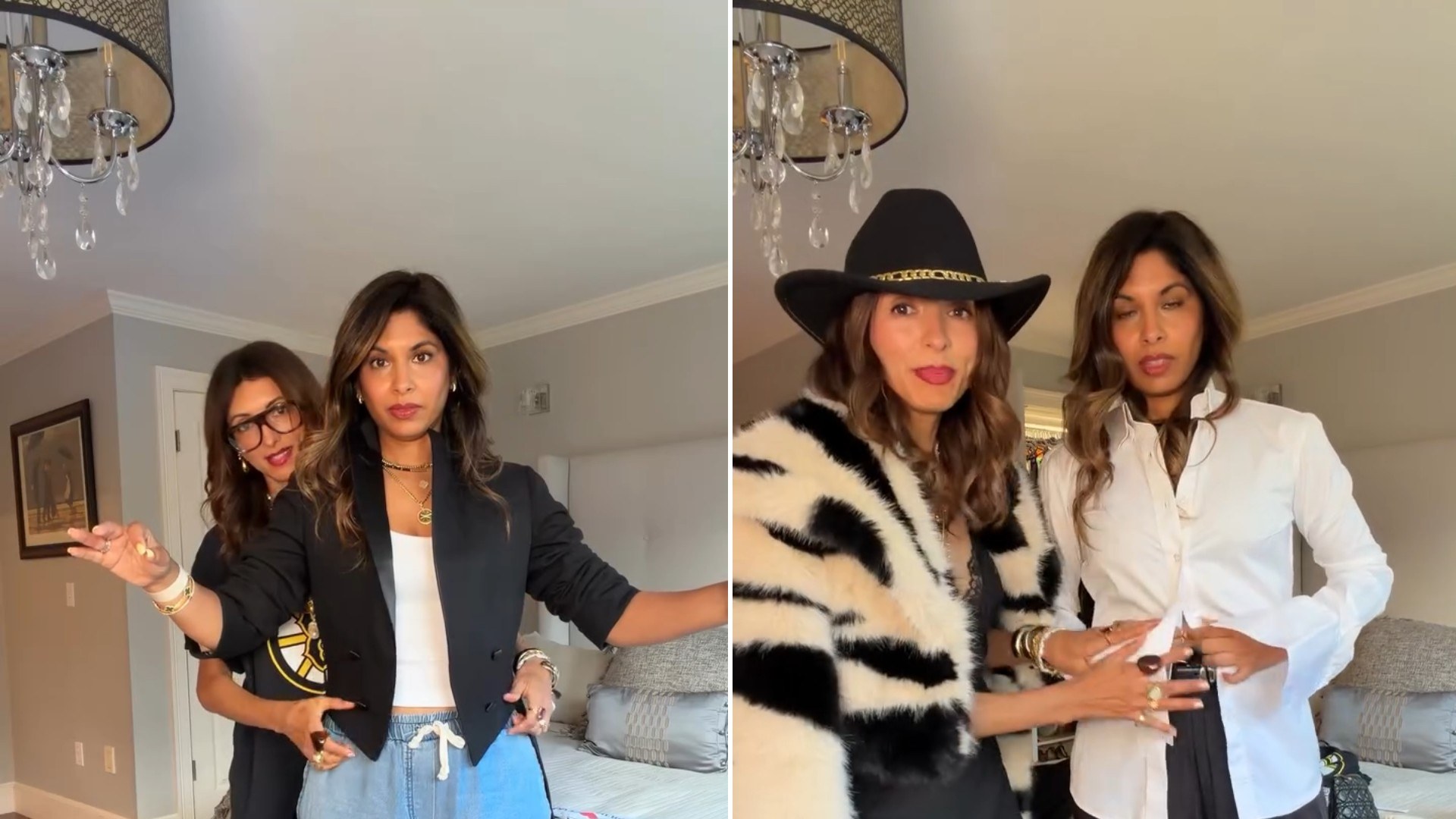 Two moments from an Instagram reel: two women in coordinated black outfits posing in a living room, then the same pair in fur coats and cowboy hats.