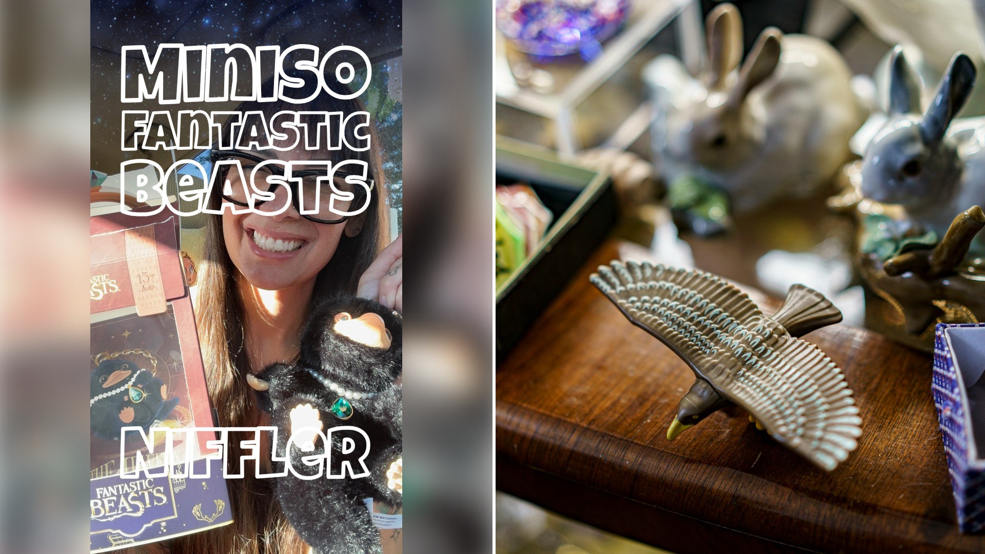 Left: Instagram reel still of a woman holding a Miniso Fantastic Beasts Niffler box. Right: ceramic bird and rabbit figurines on a wooden tray (Unsplash photo by Jonathan Cosens Photography).