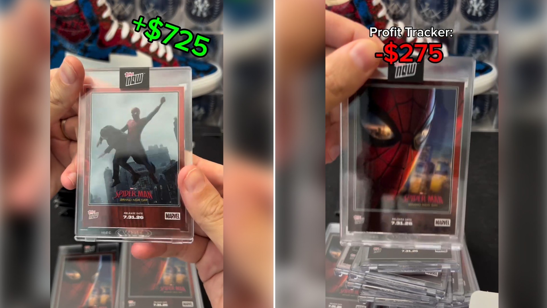 Two moments from an Instagram reel: a graded Spider-Man trading card with a +$725 profit tracker, then another graded card with a -$275 tracker.