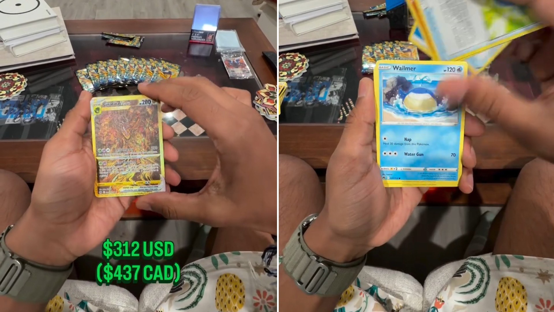 Two moments from an Instagram reel: a hand holding a gold Pokémon card over a table of cards, then a hand fanning out a stack of Pokémon cards.