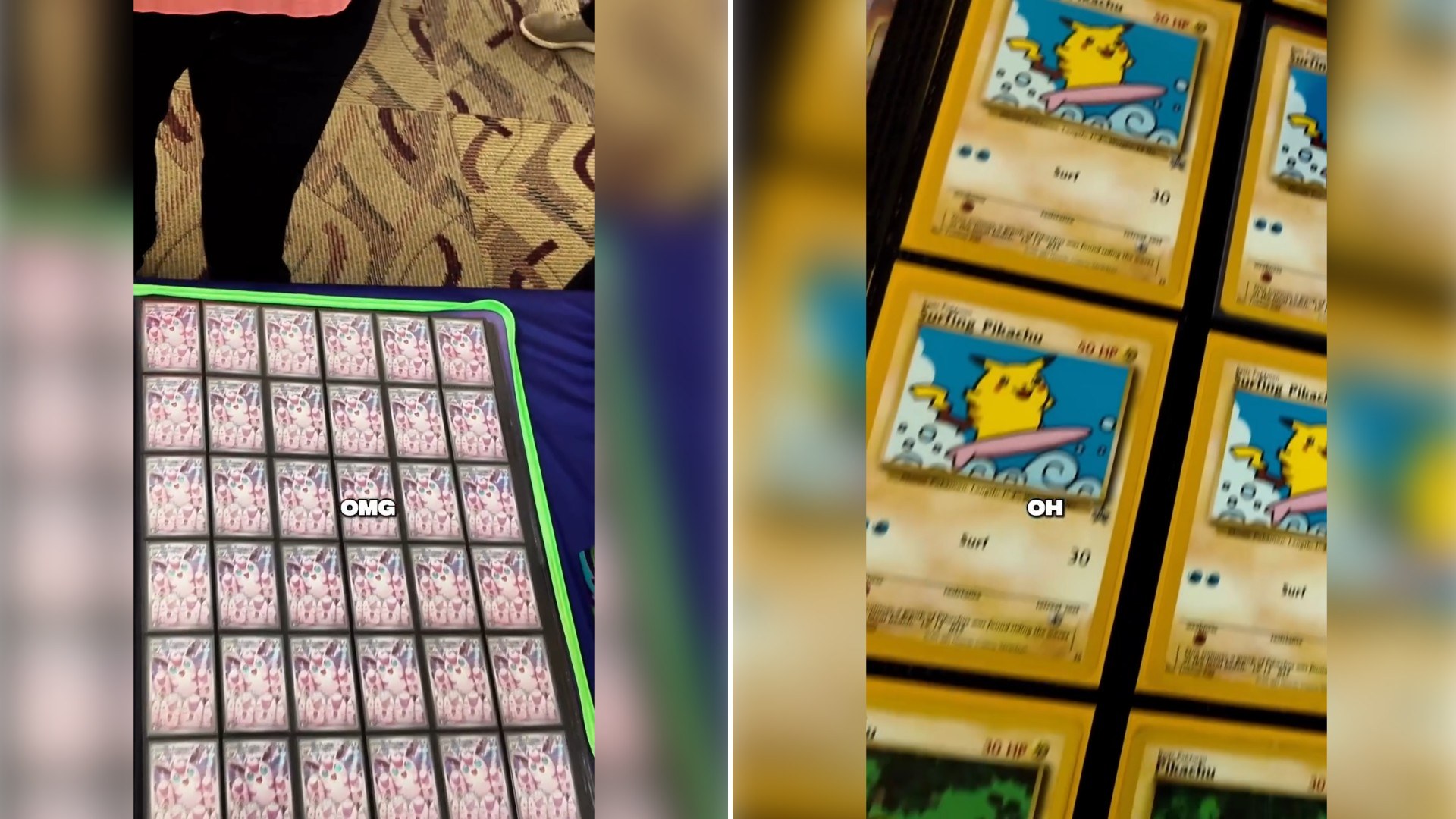 Two moments from an Instagram reel: a binder page of colorful trading cards, then a binder page of Pikachu cards.