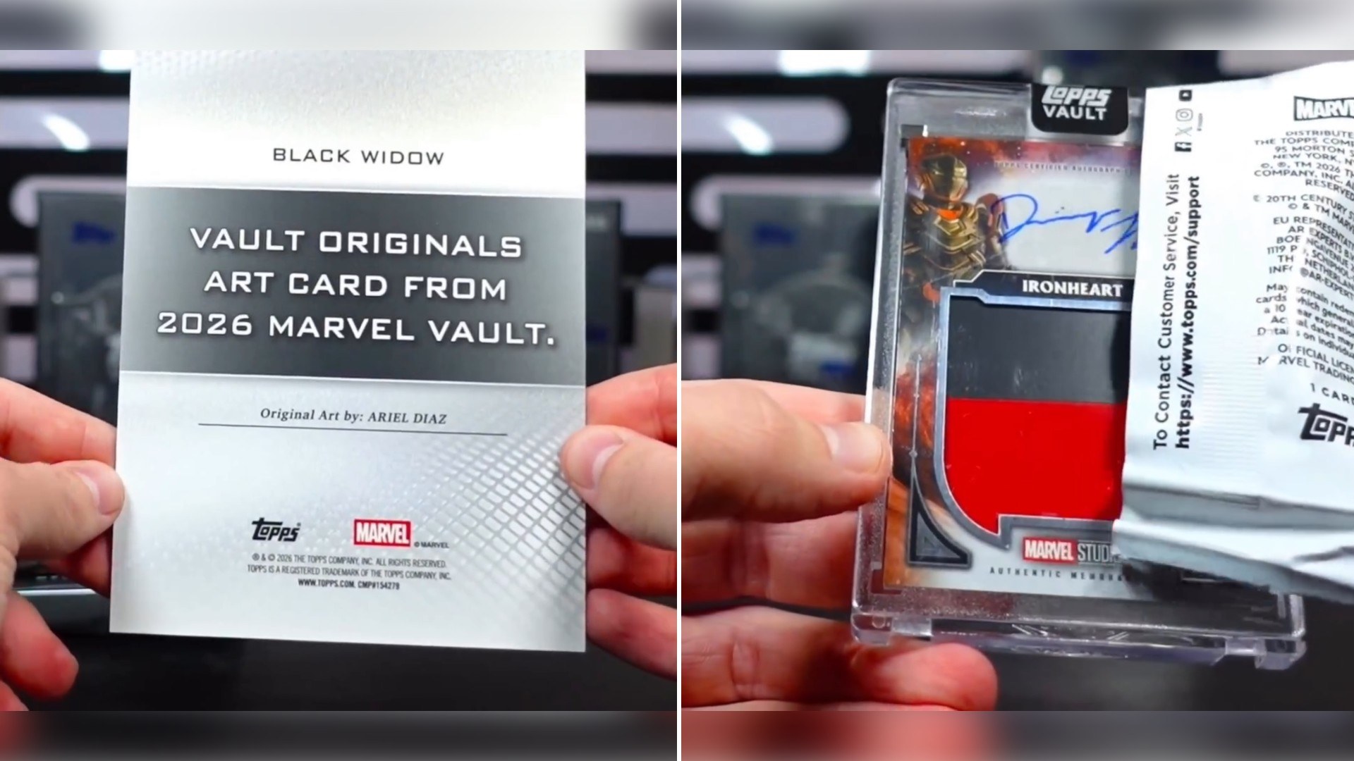 Two moments from an Instagram reel: a Marvel Black Widow art card from a vault release, then a Topps Marvel pack opened to reveal a relic card.