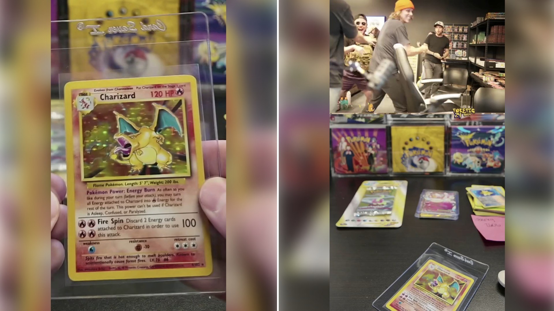 Two moments from an Instagram reel: a hand holding a holographic Charizard card, then a table of Pokémon cards laid out at a card shop.