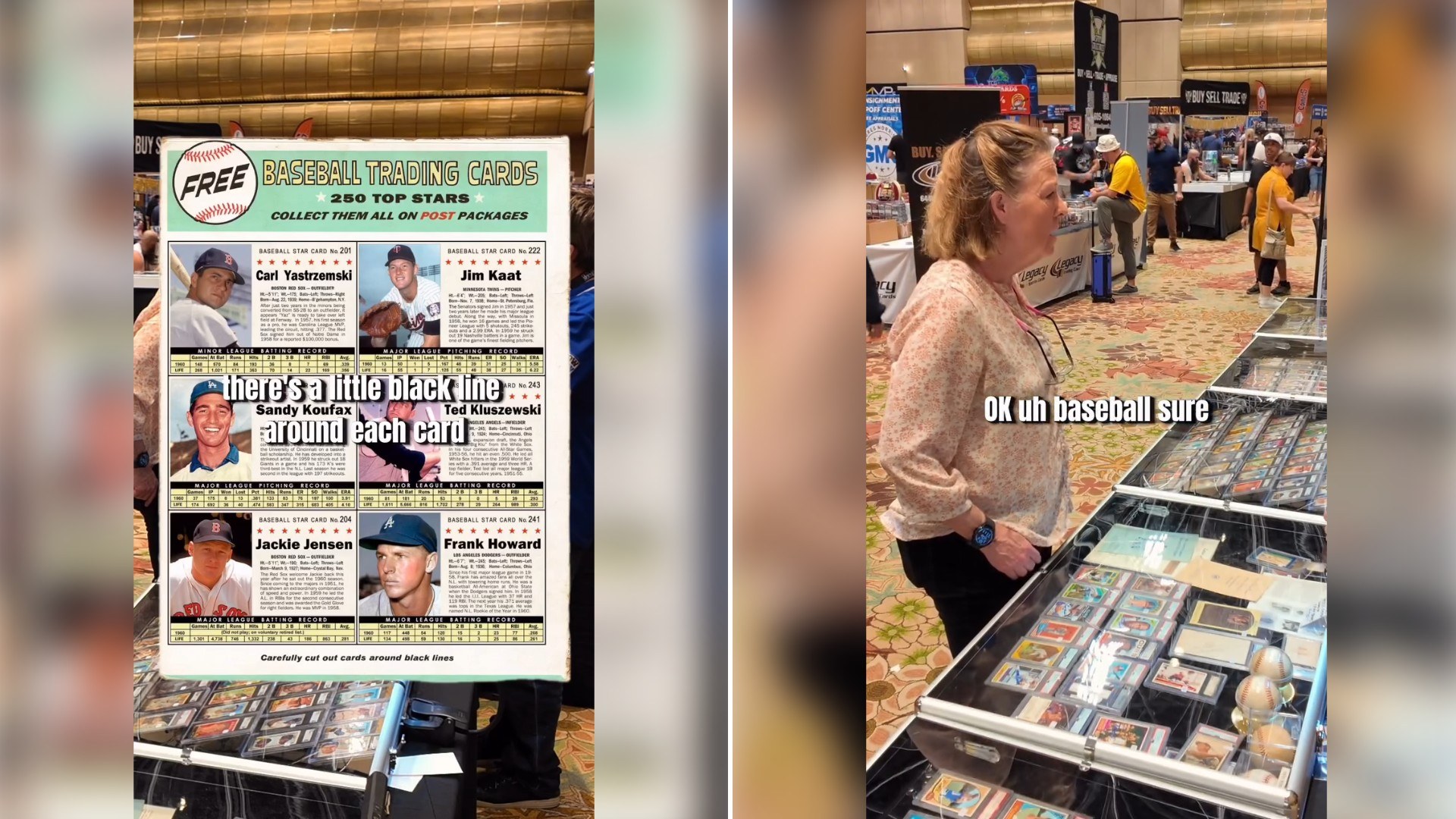Two moments from an Instagram reel: a baseball card ad over a card-show table, then a woman talking at a dealer booth with cards in long boxes.