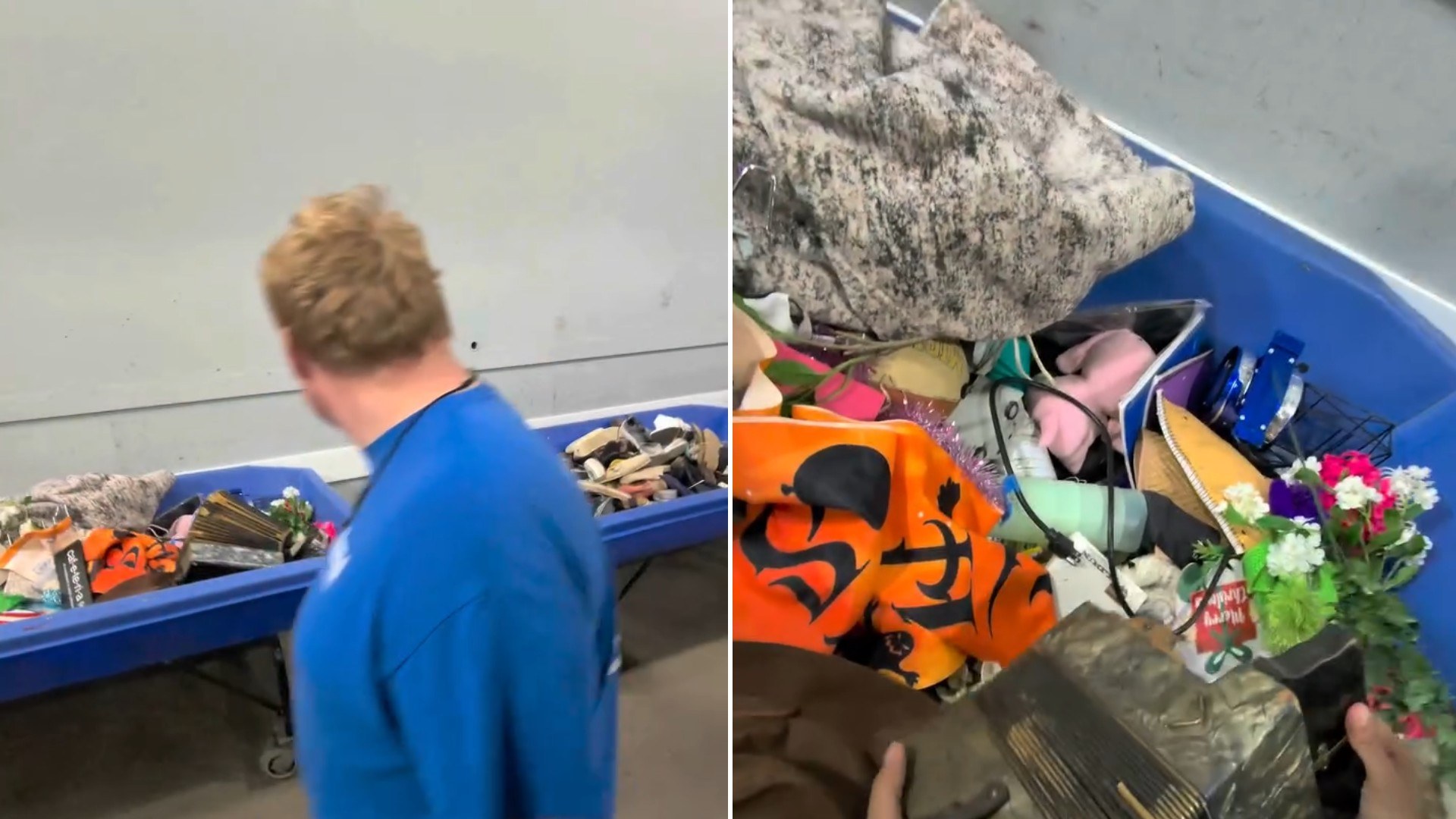 Two moments from an Instagram reel: a man in a blue shirt at a thrift store bin, then a bin of vintage items with an old accordion.