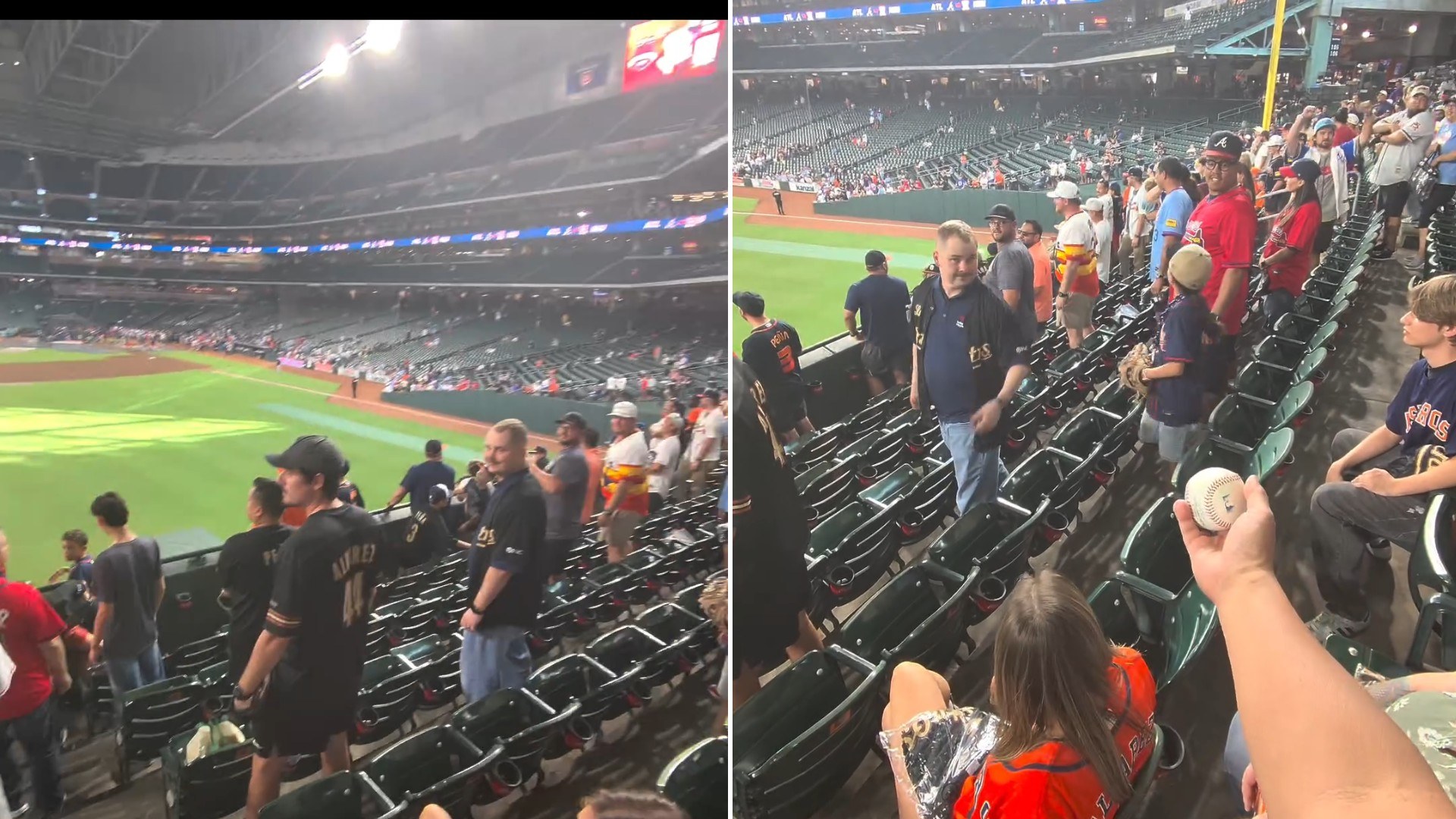 Two moments from an Instagram reel: fans in the stands at a baseball stadium, then a hand reaching up with a caught baseball.