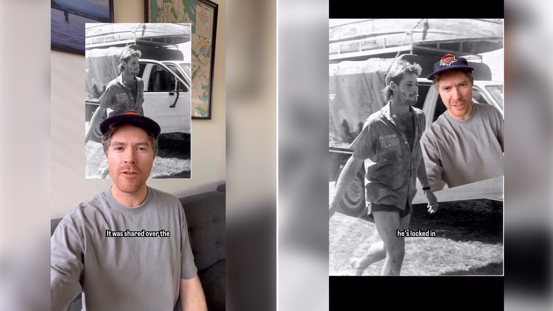 Two moments from an Instagram reel: a man in a gray T-shirt talking to the camera in a shop, then a vintage black-and-white photo of two people beside a truck.