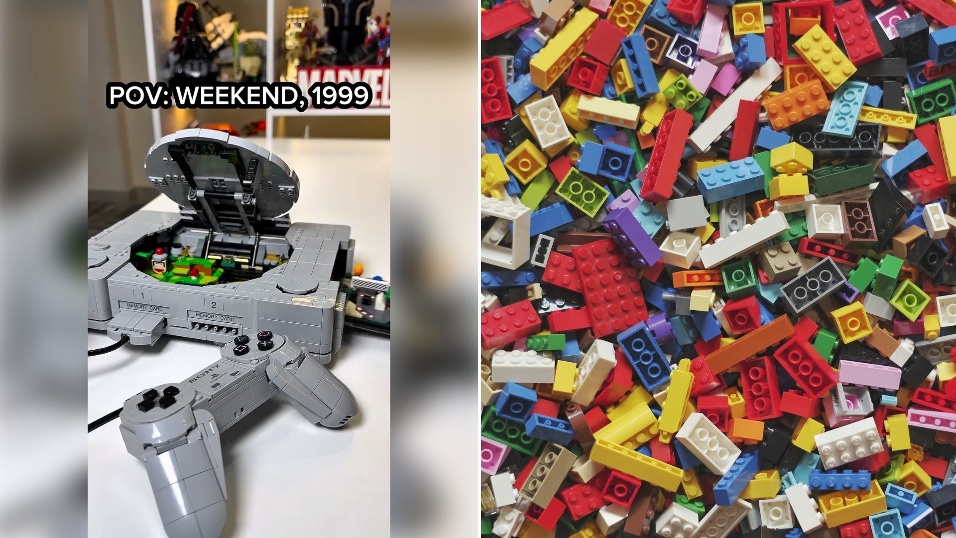 Left: Instagram reel still of a retro game console and controller with a "POV: Weekend, 1999" caption. Right: colorful LEGO bricks (Unsplash photo by Xavi Cabrera).