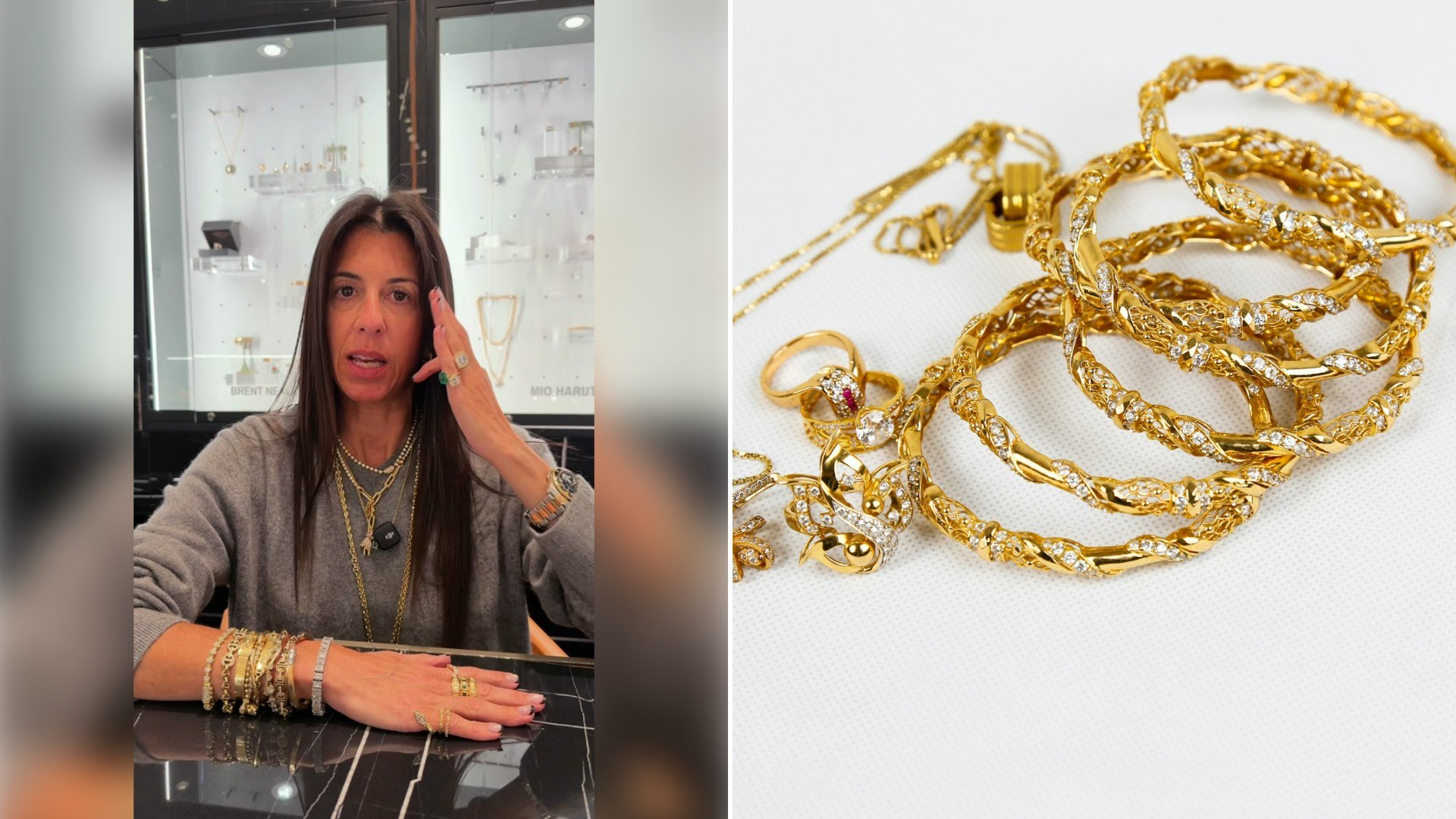 Left: TikTok still of a woman in a shop showing a stack of gold bracelets on her wrist. Right: a stack of gold chain bracelets and rings on a white surface (Unsplash photo by Syed F Hashemi).