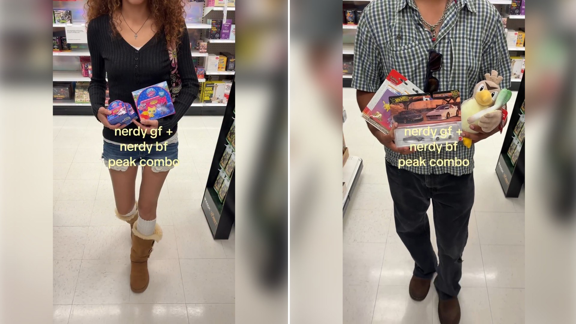 Two moments from an Instagram reel: a woman in a card shop holding trading-card boxes, then a man holding a box of cards and a plush duck.