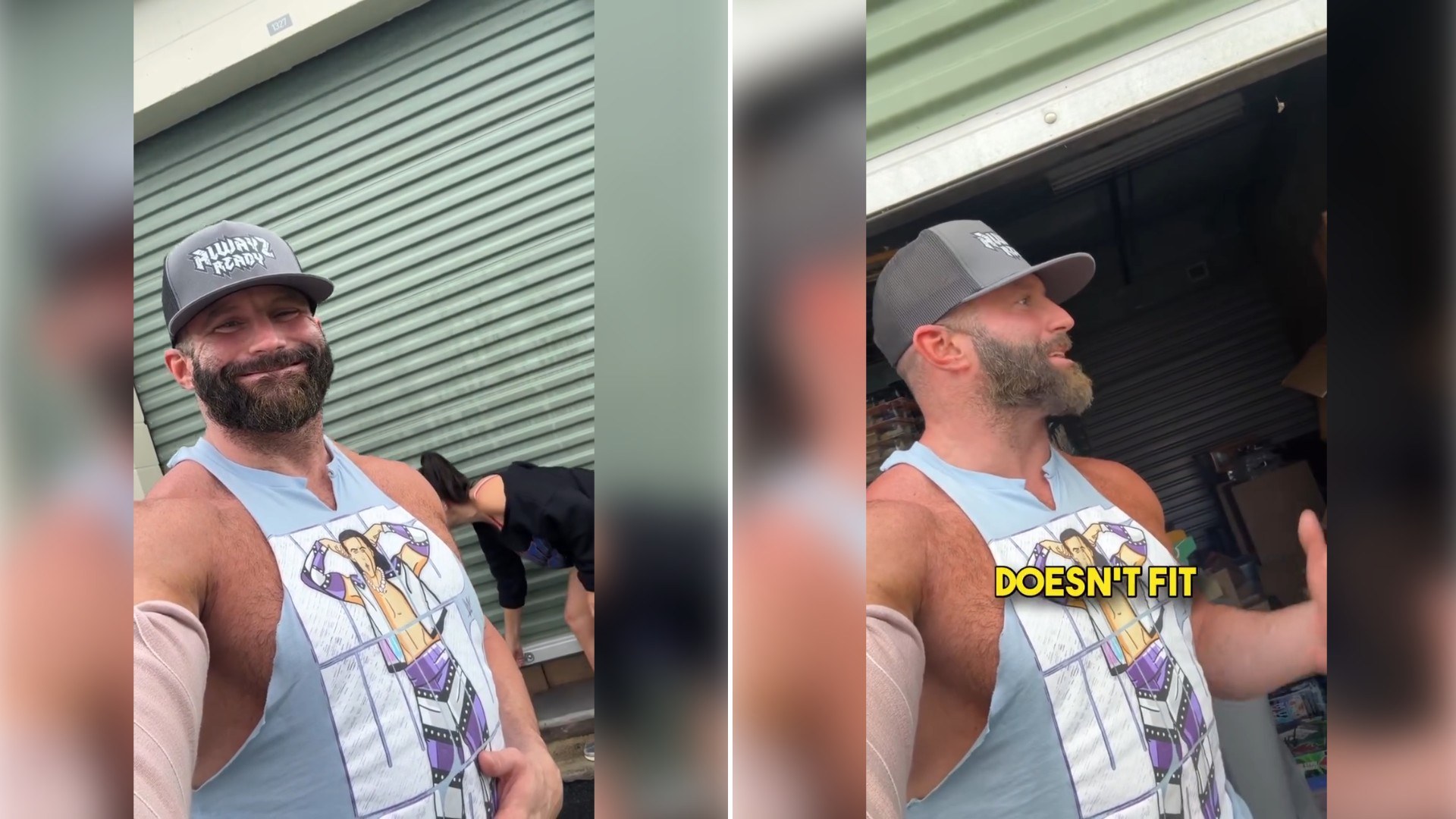 Two moments from an Instagram reel: a bearded man in a tank top filming himself beside a storage unit, then the open unit piled with boxes.