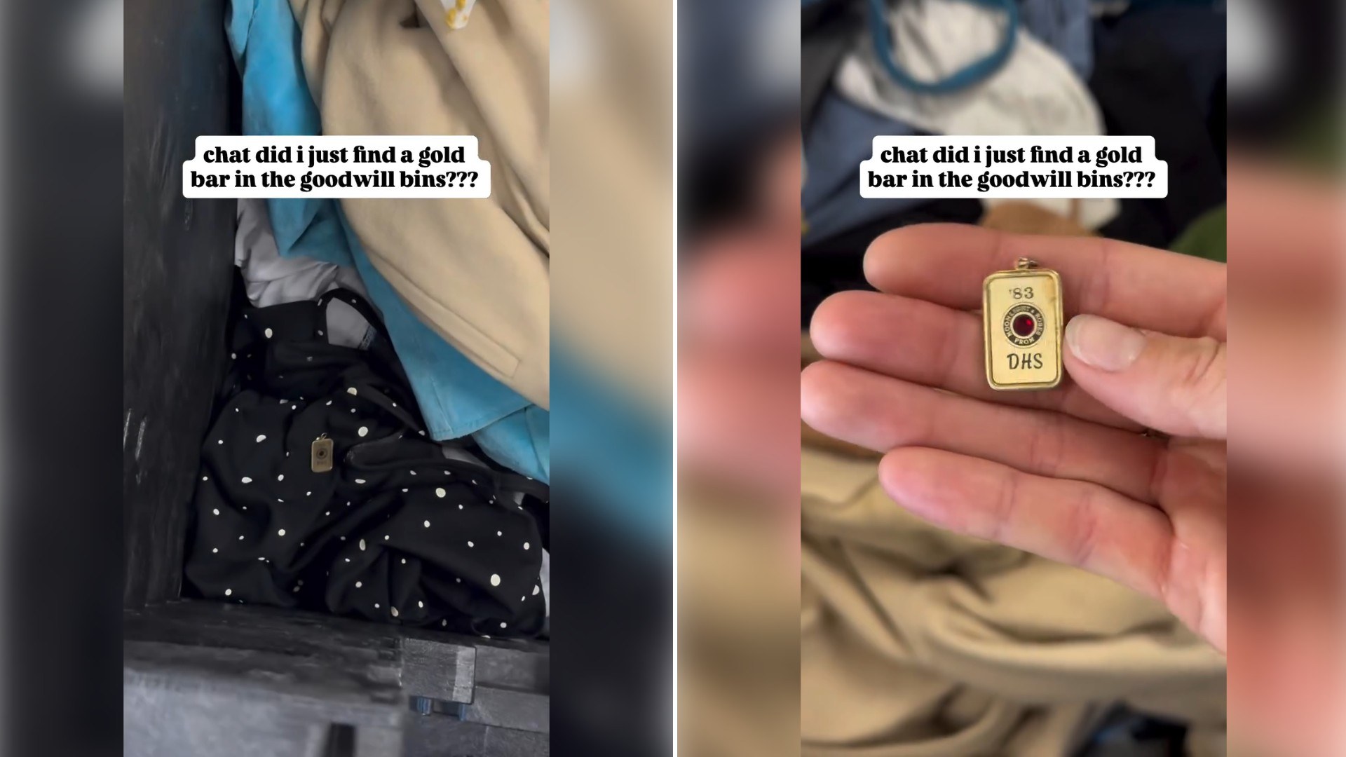 Two moments from an Instagram reel: a pile of clothes in a thrift bin with a small gold charm, then a close-up of the gold bar held in a hand.