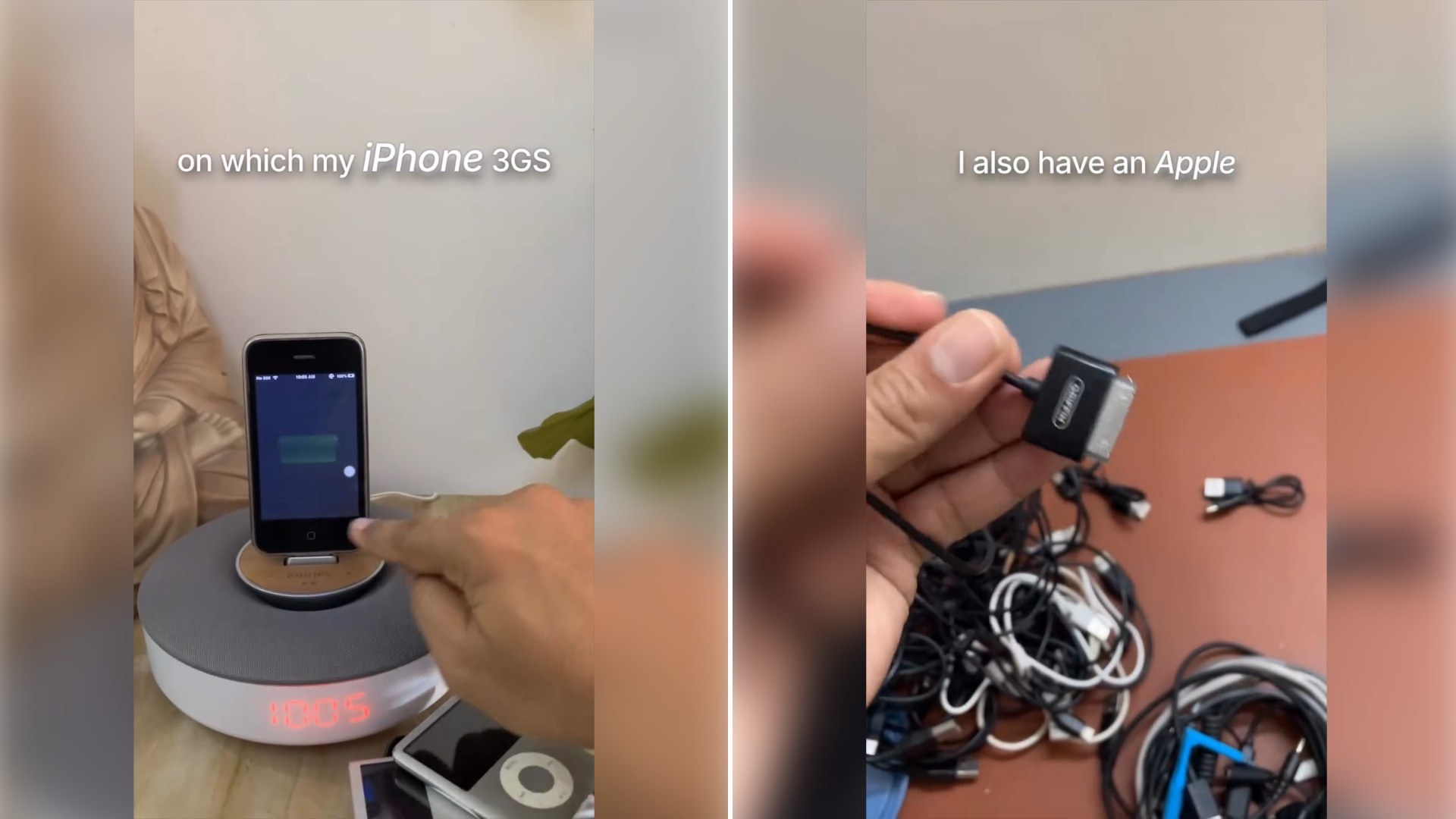 Two moments from an Instagram reel: an iPhone sitting on a speaker dock, then a tangle of old 30-pin cables on a desk.