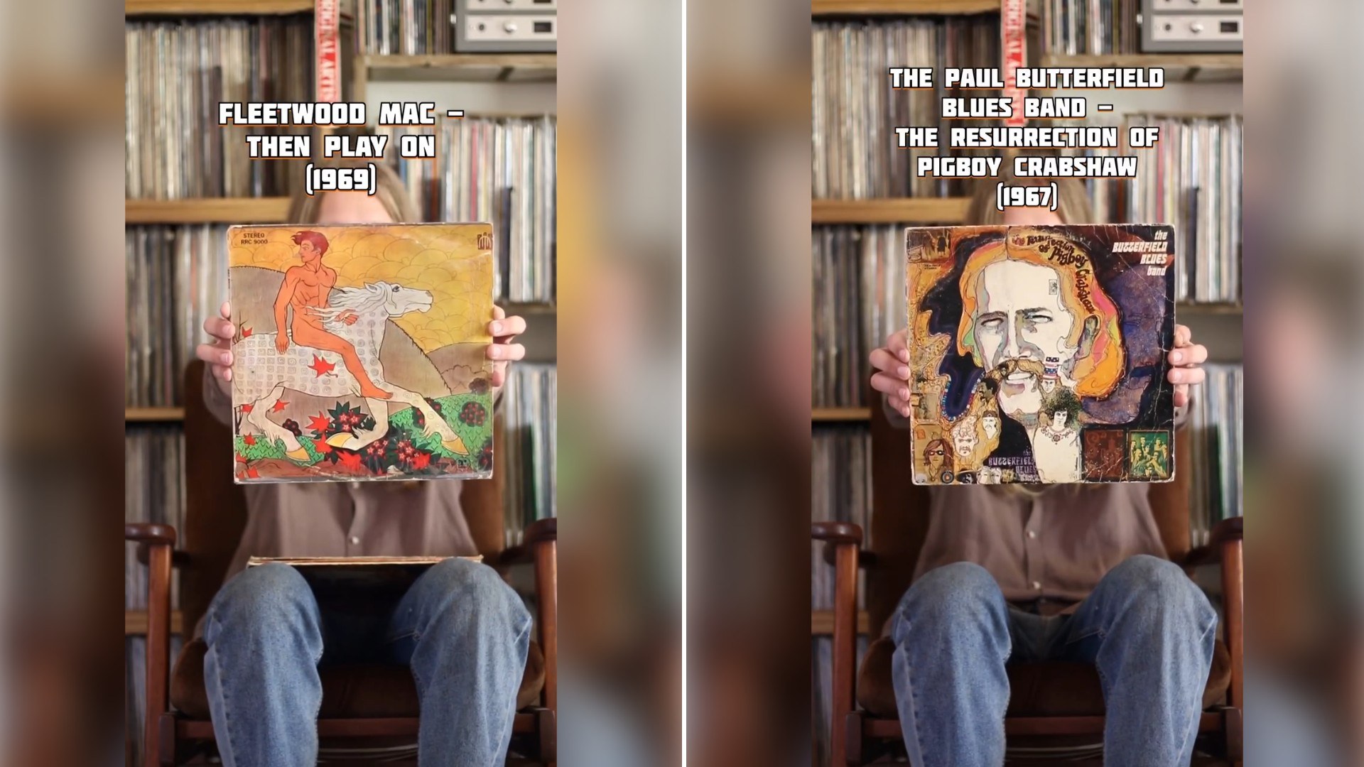 Two moments from an Instagram reel: a woman holding up a Fleetwood Mac record in front of a wall of vinyl, then a record by the Paul Butterfield Blues Band.