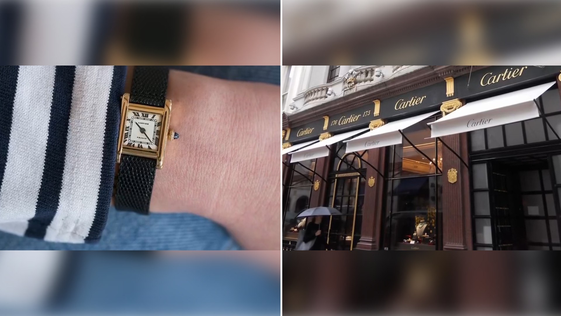 Two moments from an Instagram reel: a vintage Cartier tank watch on a wrist, then the front of a Cartier boutique.