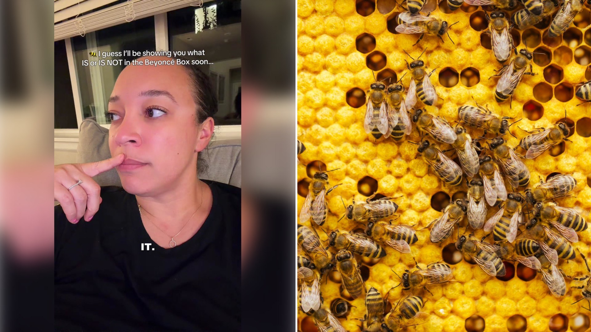 Left: TikTok still of a woman pressing a finger to her lips, reacting to a beekeeper-themed box. Right: bees crowded on a honeycomb hive frame (Unsplash photo by Simon Kadula).