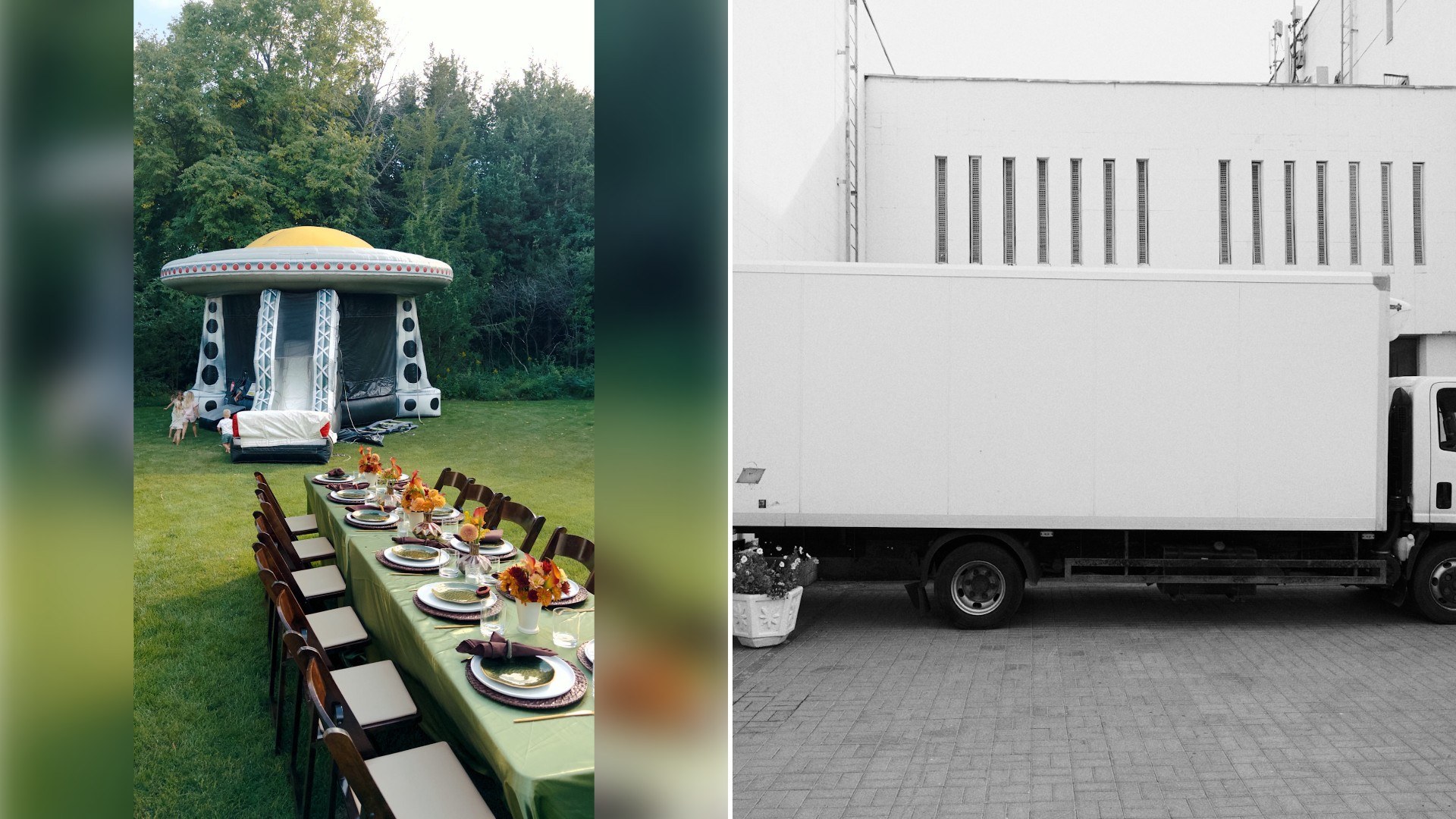 Left: Instagram reel still of a long outdoor dinner table set under a gazebo. Right: a white box truck parked beside a white building (Unsplash photo by Maxim Tolchinskiy).