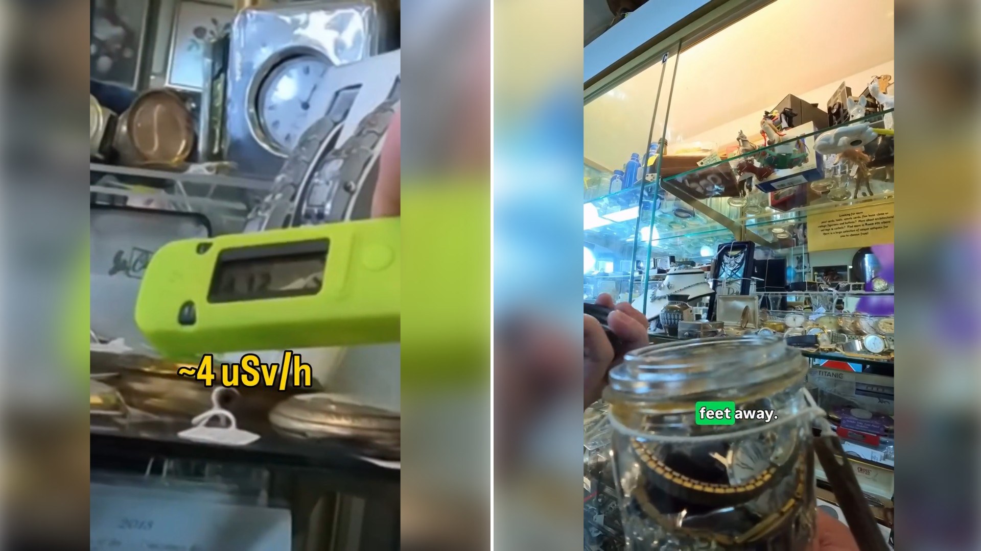 Two moments from an Instagram reel: a handheld Geiger counter reading over antiques in a shop, then a glass jar of vintage items in a display case.
