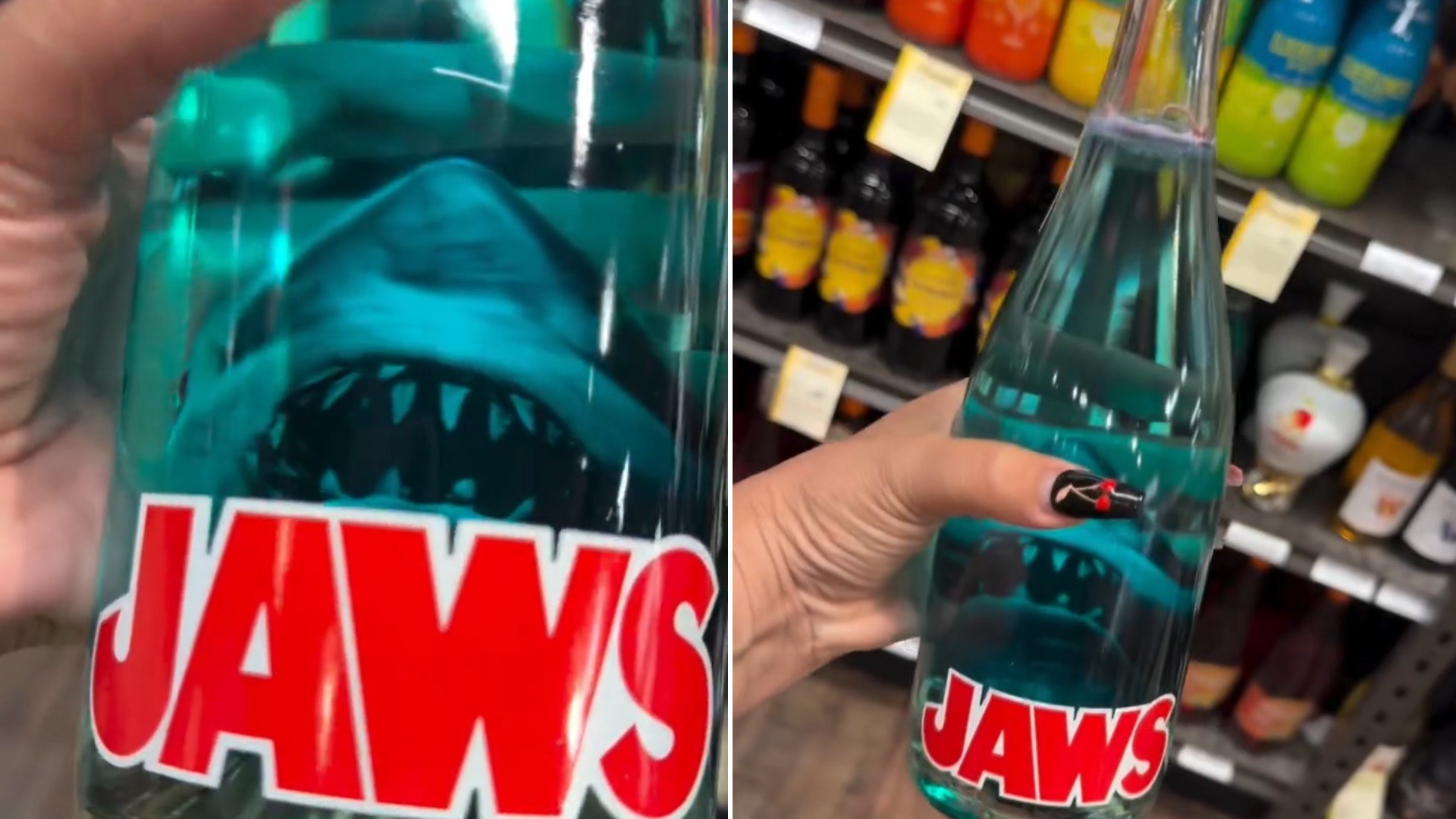 Two moments from an Instagram reel: a hand holding a teal Jaws-branded bottle with the red logo, then the bottle held up in a store aisle.
