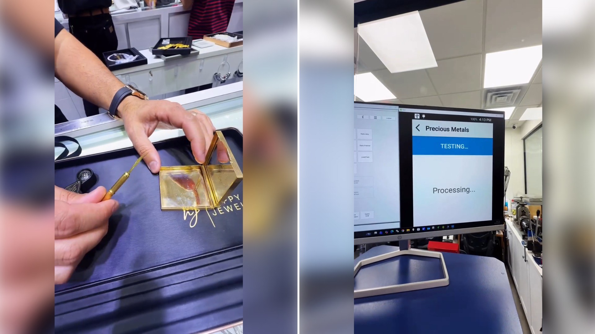 Two moments from an Instagram reel: hands testing a piece of gold jewelry on a counter, then a metal analyzer screen showing a test in progress.