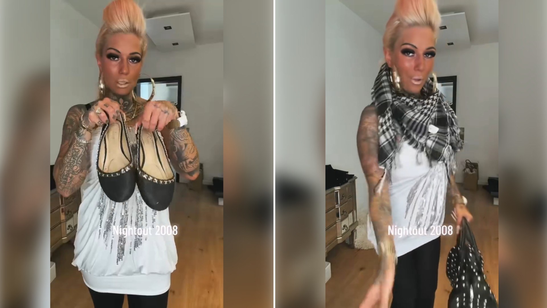 Two moments from an Instagram reel: a woman in a 2008-style night-out outfit holding up a pair of flats, then the same woman in a scarf holding a black tote.