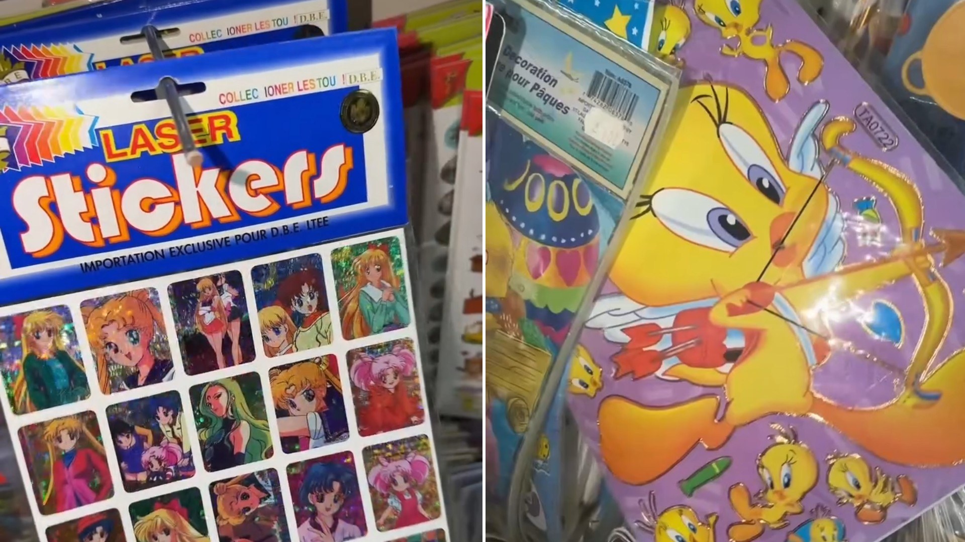 Two moments from an Instagram reel: a pack of laser stickers in a deadstock store, then a Tweety Bird sticker sheet held up.