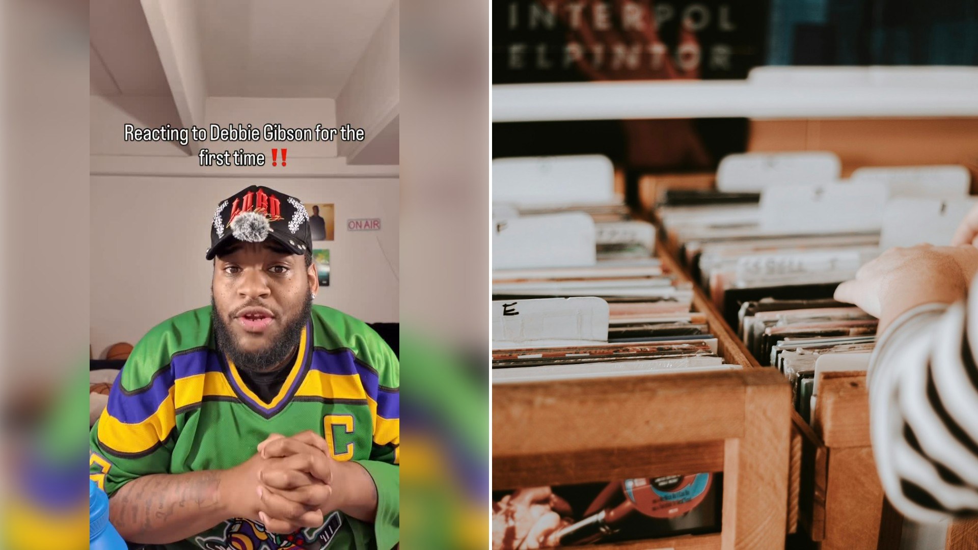 Left: Instagram reel still of a man in a striped jersey and cap speaking to the camera. Right: a person flipping through a drawer of records (Unsplash photo by Annie Williams).