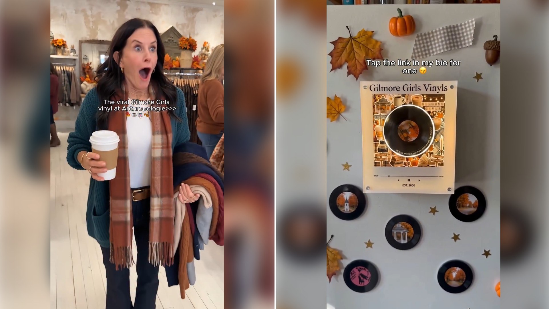 Two moments from an Instagram reel: a woman in an autumn scarf gasping in a thrift store, then a wall display of a Gilmore Girls vinyl record.