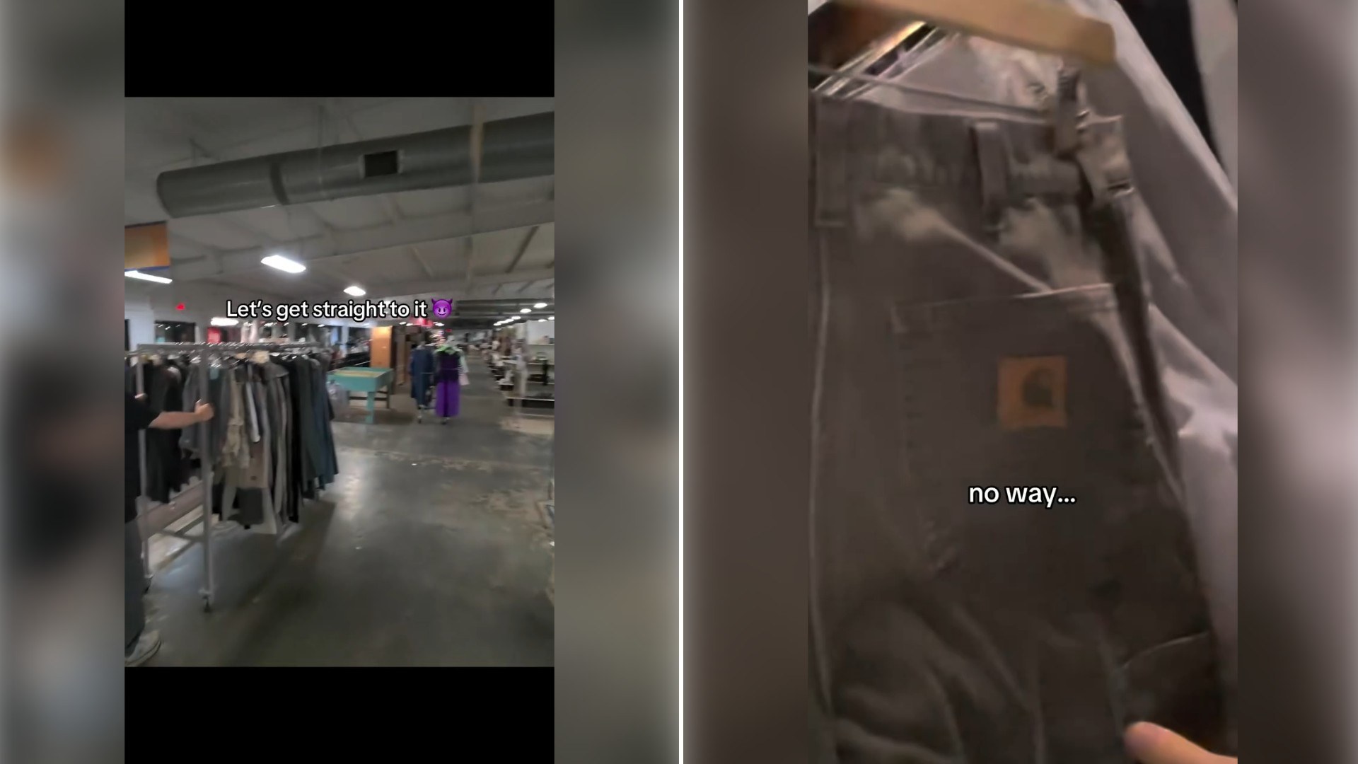 Two moments from an Instagram reel: rows of jeans on racks in a giant thrift warehouse, then a hand pulling out a pair of Carhartt pants.