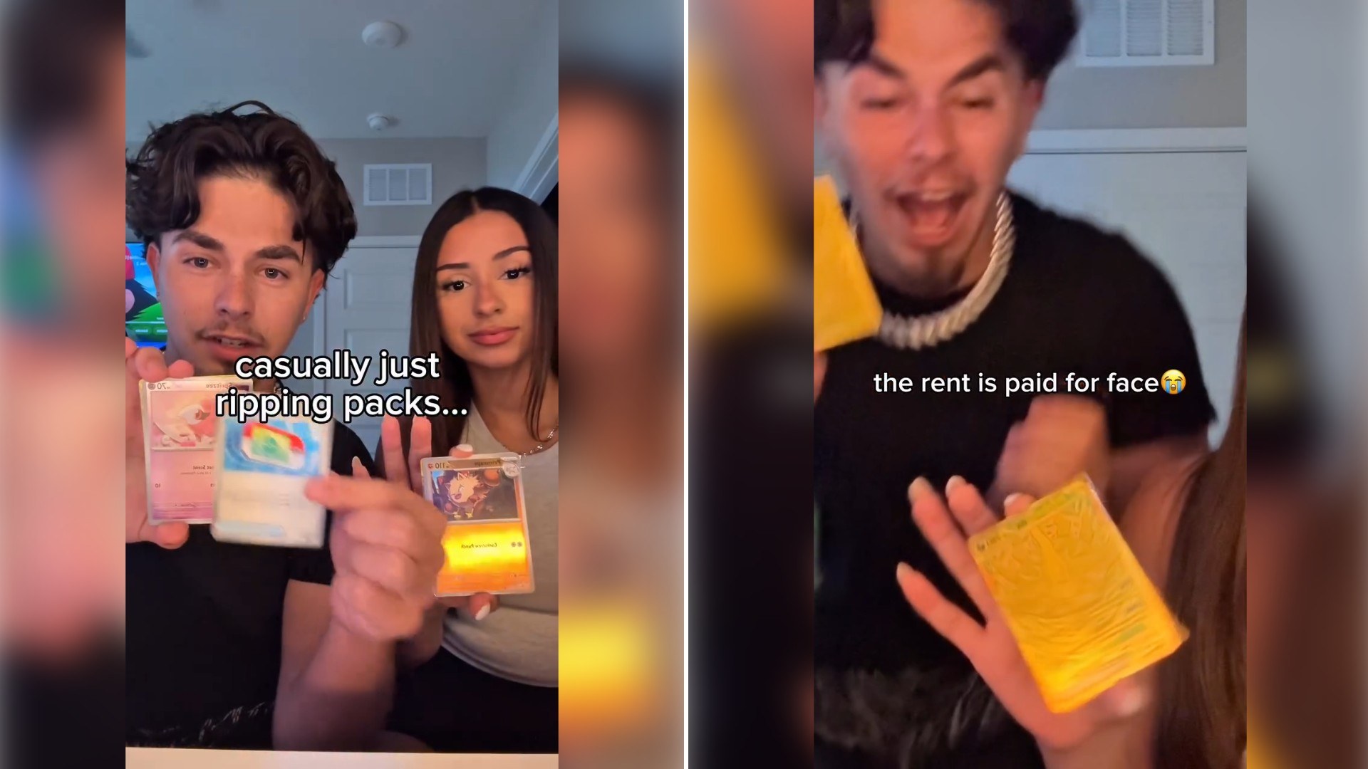 Two moments from an Instagram reel: a couple holding freshly opened trading cards, then a hand holding a gold foil card.