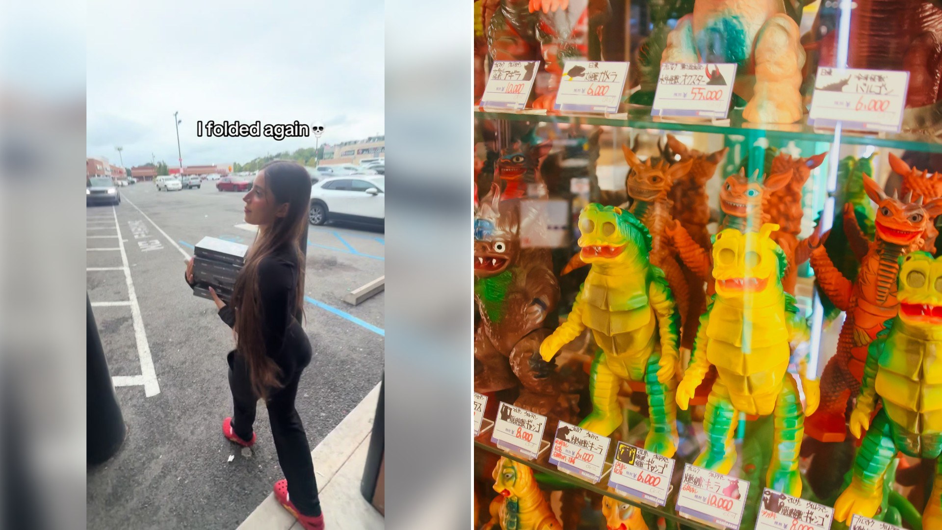 Left: TikTok still of a woman carrying an armful of boxes across a parking lot. Right: colorful monster figures on a display shelf (Unsplash photo by Jeremy Brady).