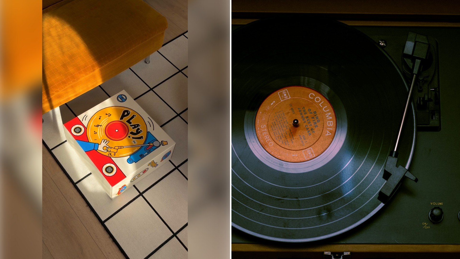 Left: Instagram reel still of a small vintage record player beside a patterned tile floor. Right: a record spinning on a turntable (Unsplash photo by Joe Vasquez).
