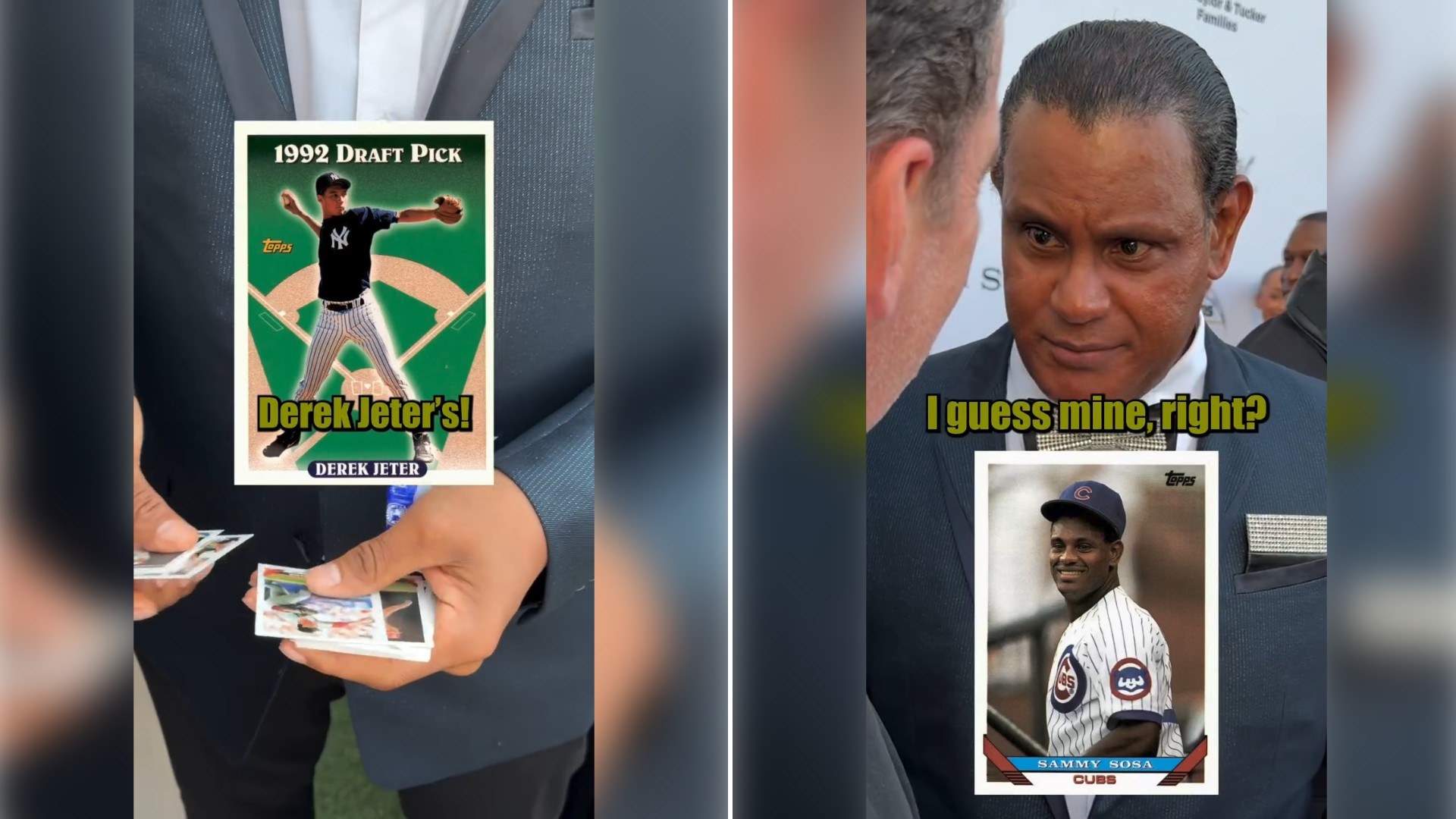 Two moments from an Instagram reel: a 1992 Derek Jeter draft-pick card held out for signing, then a man in a suit looking on beside a Cubs player card.
