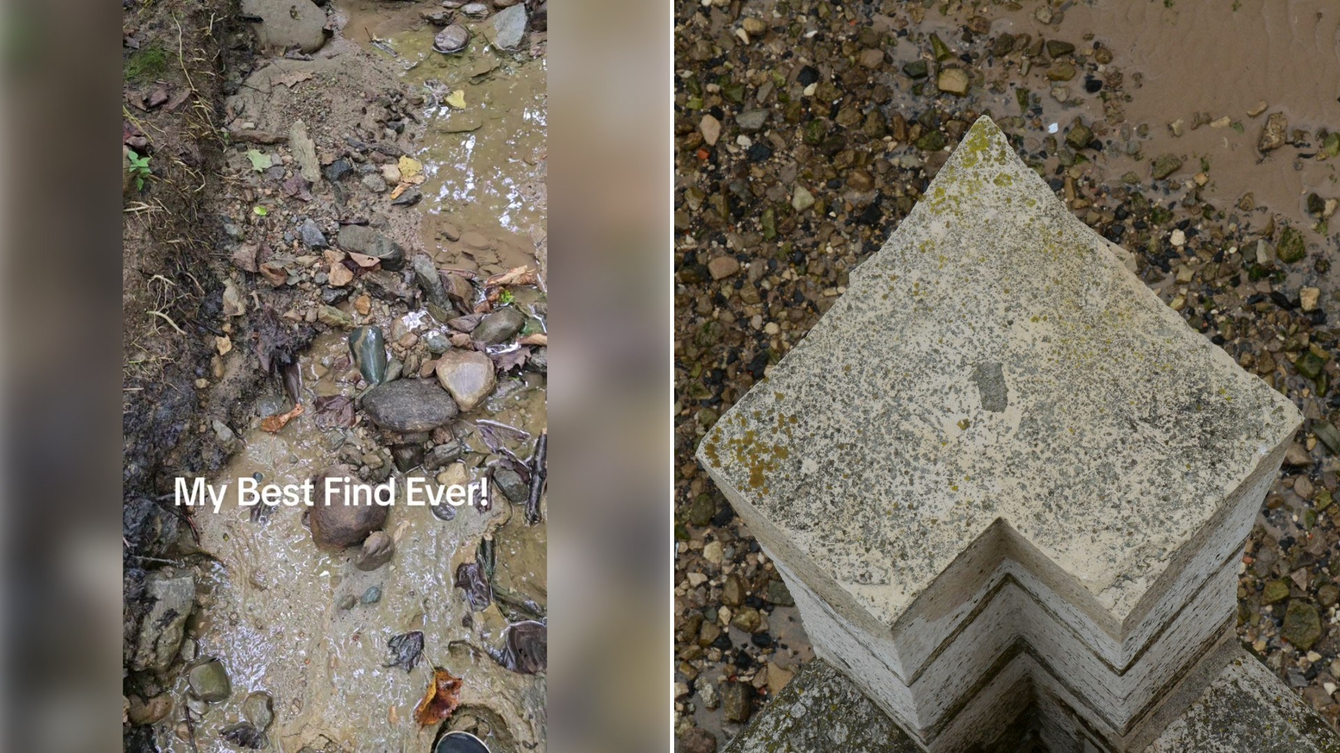 Left: TikTok still of a close-up of a worn stone tool on rocky ground. Right: a stone block on a rocky surface (Unsplash photo by Blake Wisz).