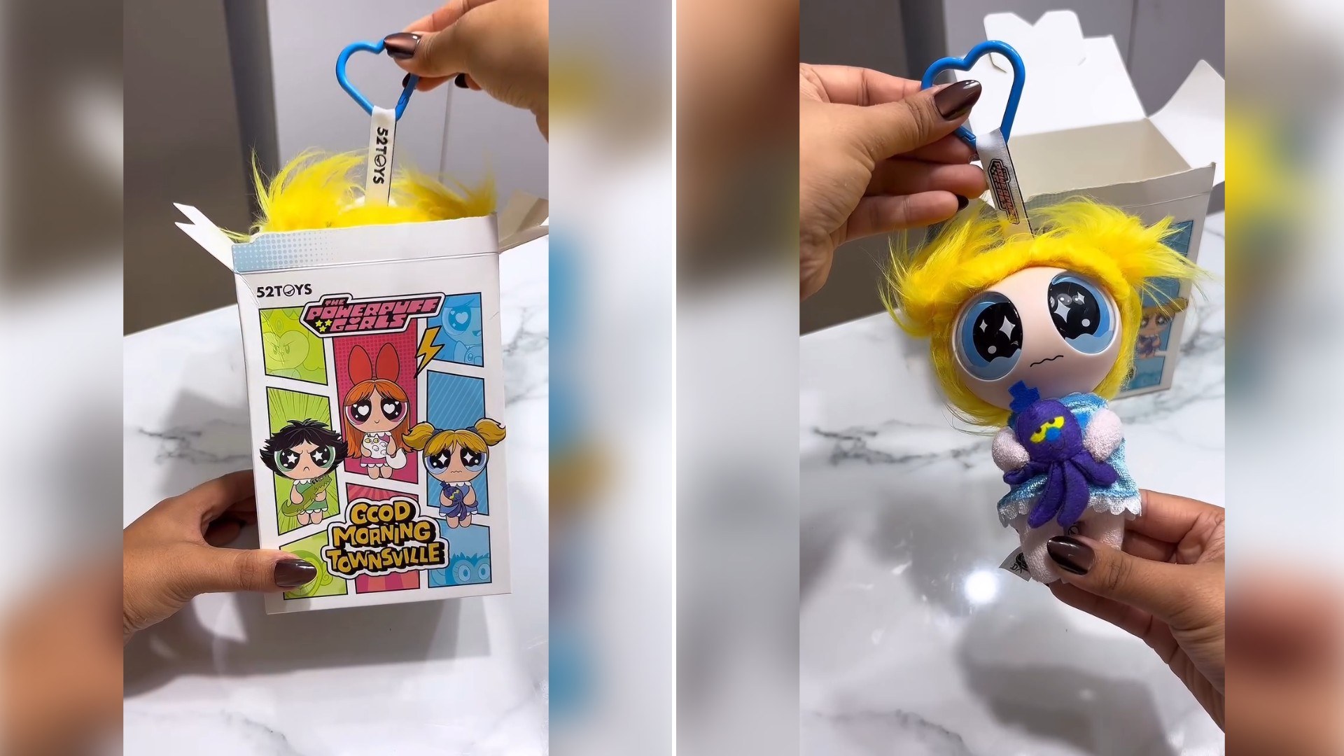 Two moments from an Instagram reel: a Powerpuff Girls blind box with a clip-on plush inside, then the yellow-haired plush held up.