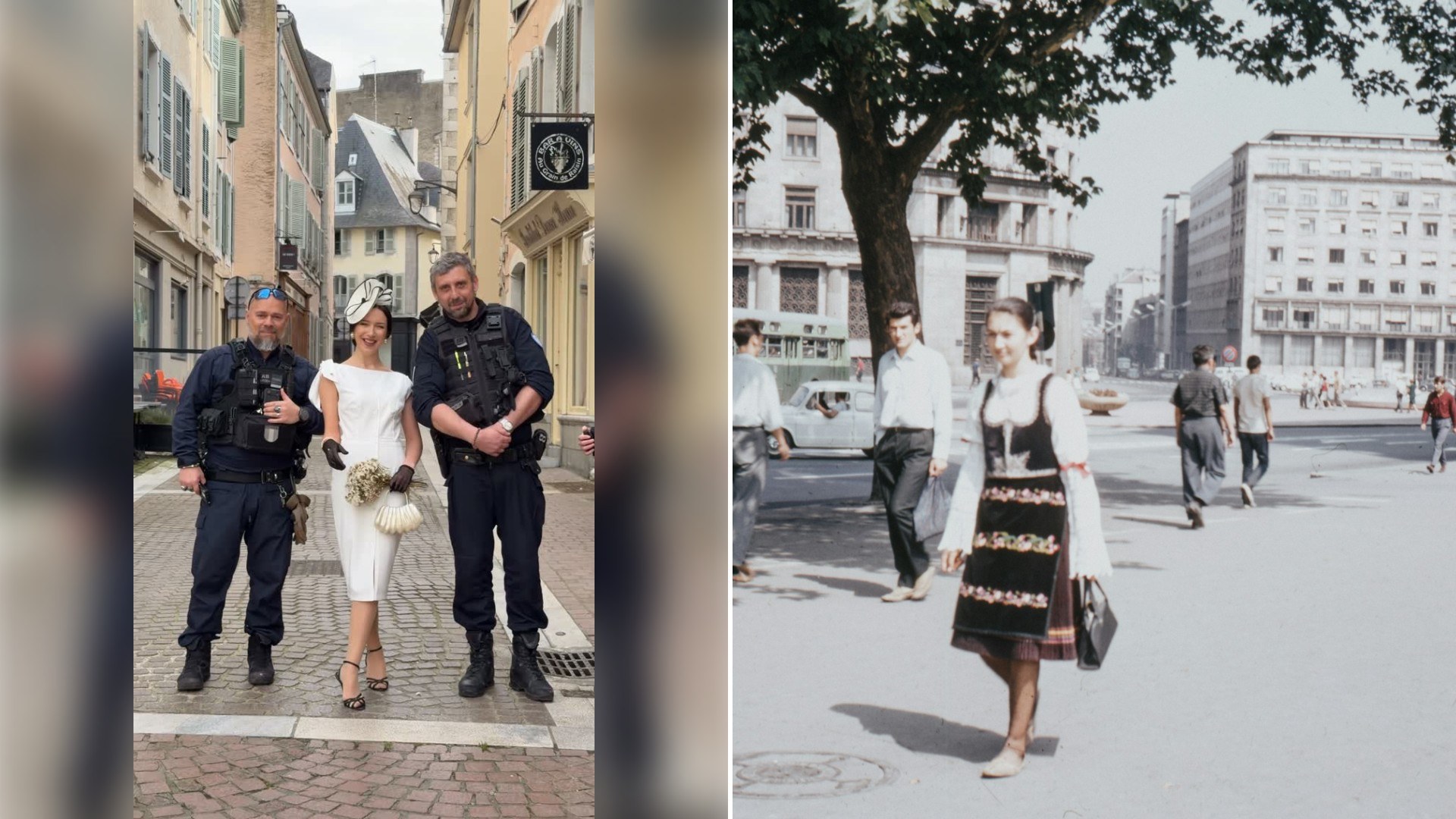 Left: Instagram reel still of a woman in a white dress walking between two uniformed men on a street. Right: a woman in a dark skirt walking on a city street (Unsplash photo by Annie Spratt).